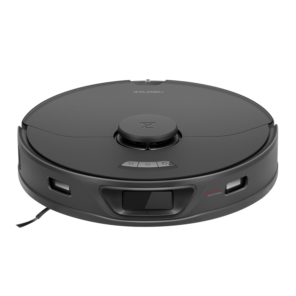 Der Roborock S7 Max Ultra Black Staubsauger verfügt über ein rundes Design, Bedienknöpfe an der Oberseite und Sensoren an der Vorderseite.