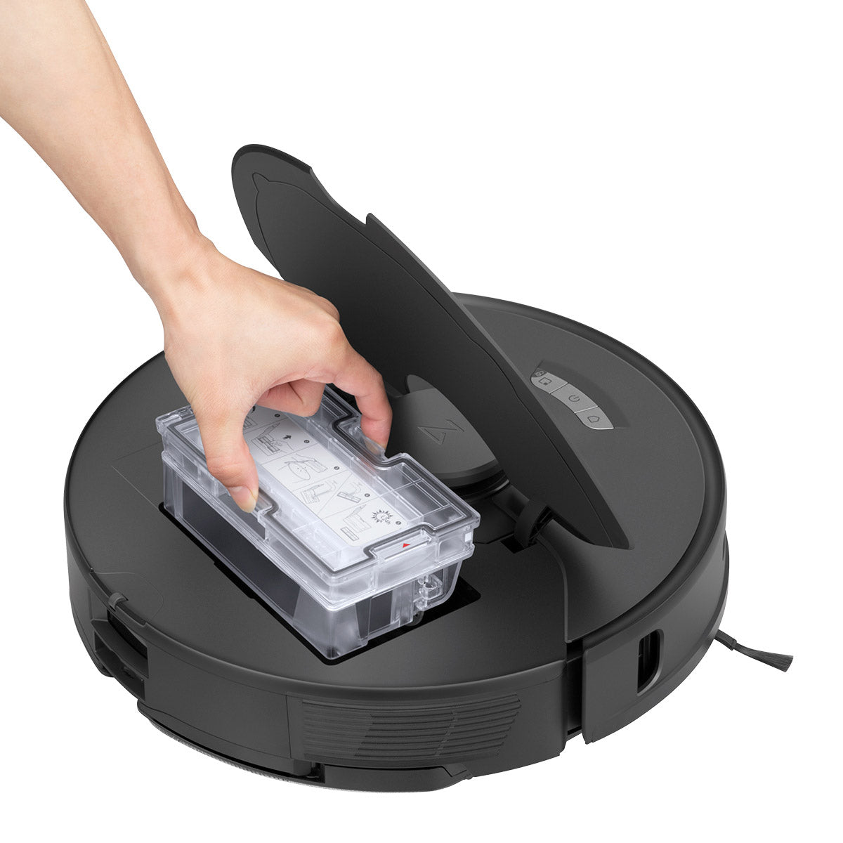 Eine Hand nimmt den Staubsaugerbehälter aus dem offenen Roborock S7 Max Ultra Black Staubsauger.