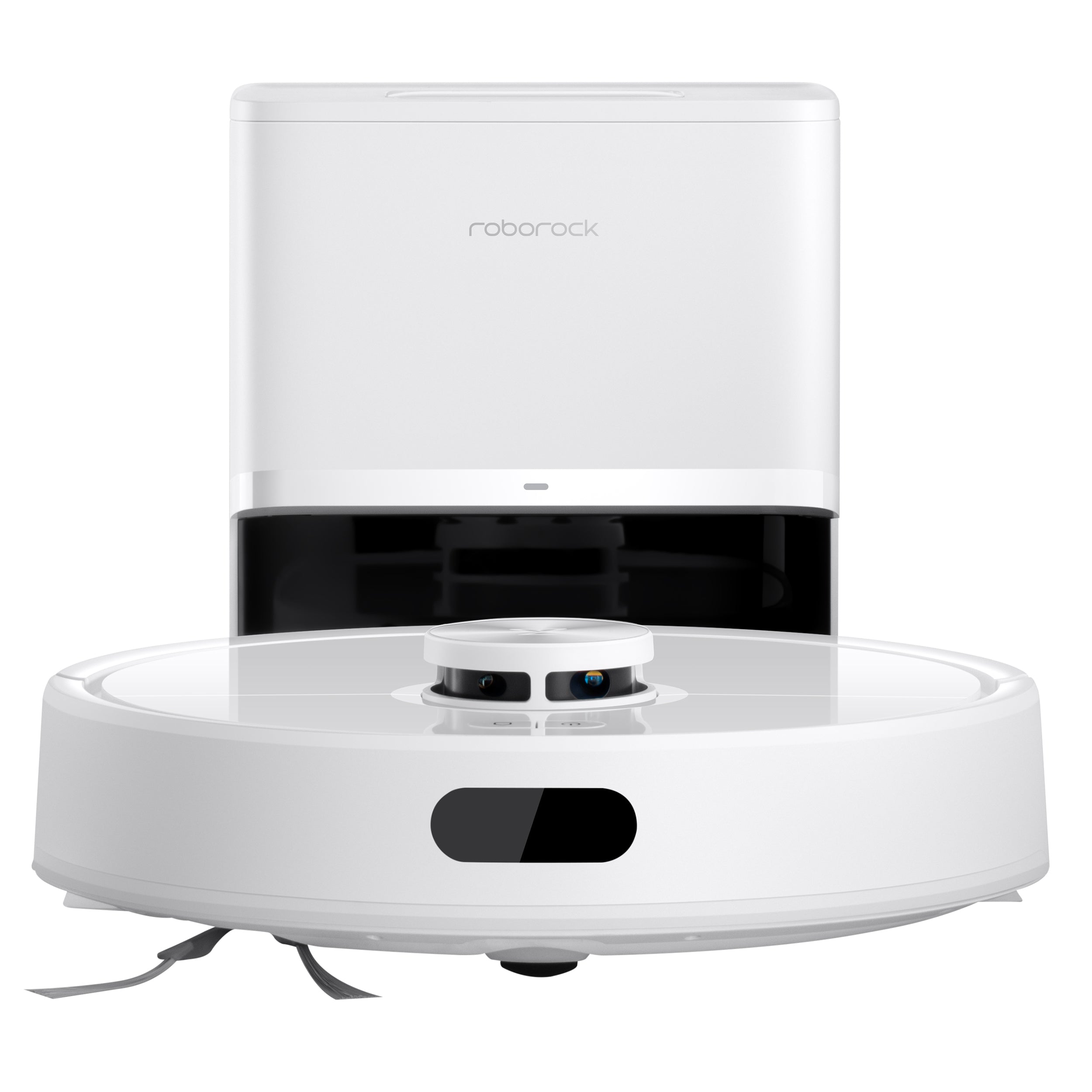 Der Roborock Q7 TF+ Weiß Saugroboter mit 10.000 Pa Saugkraft steht vor seiner Lade- und Selbstreinigungsstation mit dem Roborock-Logo, beides in Weiß, vor einem schlichten Hintergrund.