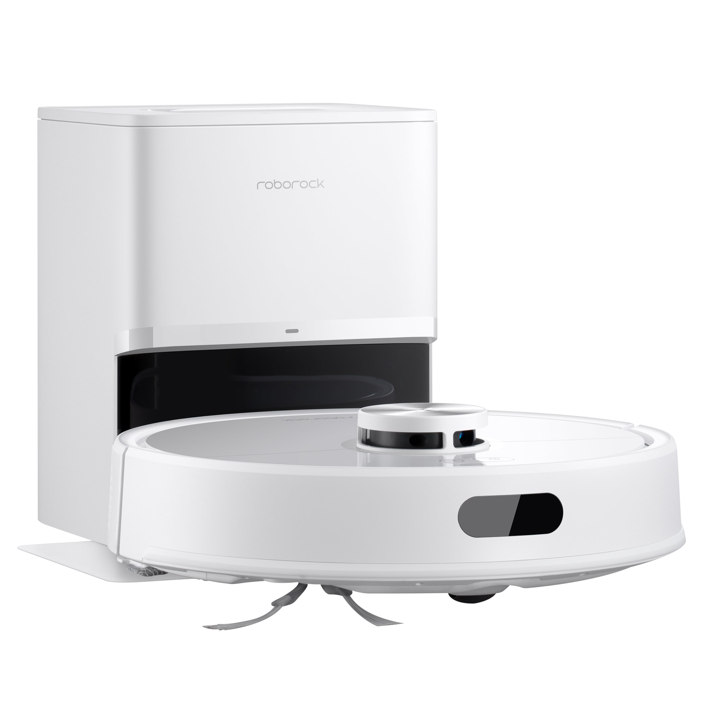 Ein Roborock Q7 TF+ Weiß Saugroboter mit Dual Anti-Tangle System ist an seiner modernen, minimalistischen Ladestation angedockt.