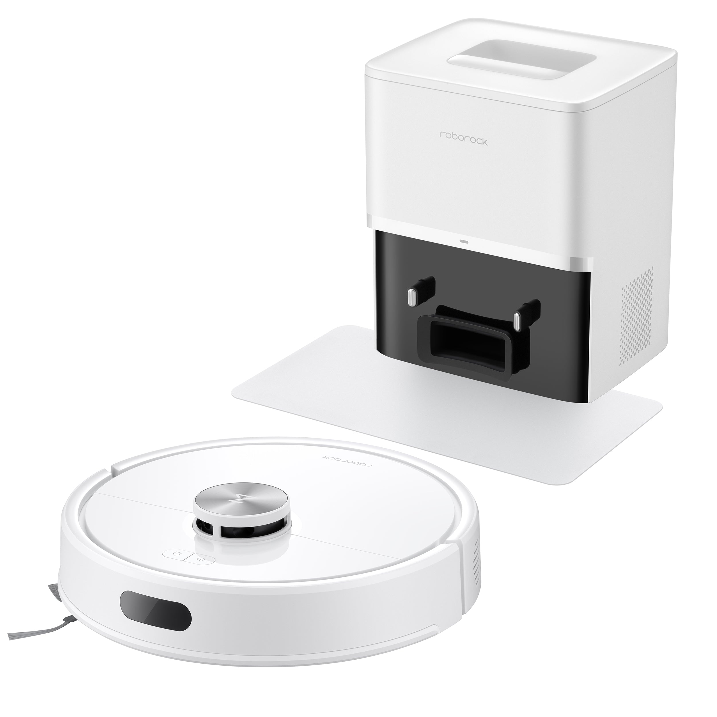 Der Roborock Q7 TF+ Weiß Saugroboter von Roborock ist in Weiß gehalten und steht vor seiner passenden Lade- und Selbstentleerungsstation auf weißem Hintergrund.