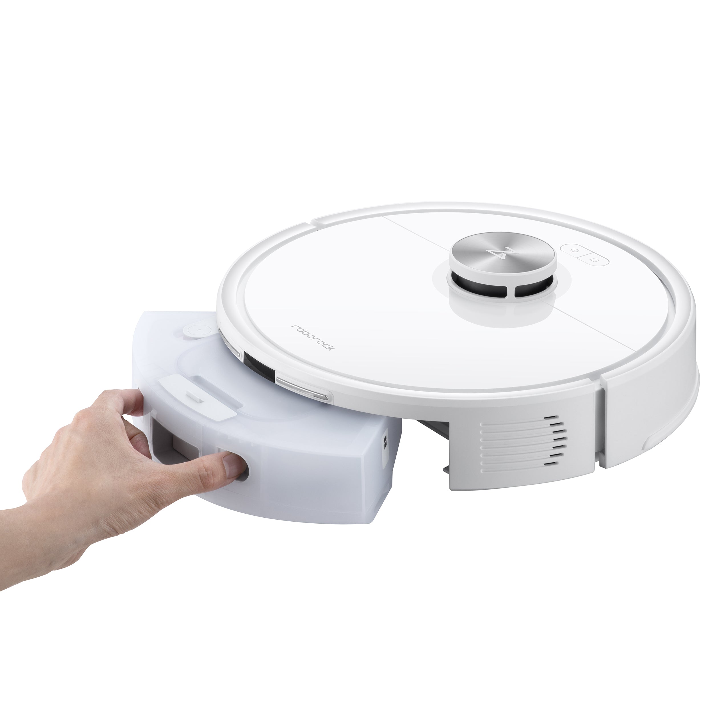 Eine Hand entfernt den Staubsaugerbehälter aus dem Roborock Q7 TF+ Weiß Saugroboter, einem weißen Roborock Staubsauger mit Dual Anti-Tangle System, dargestellt auf weißem Hintergrund.