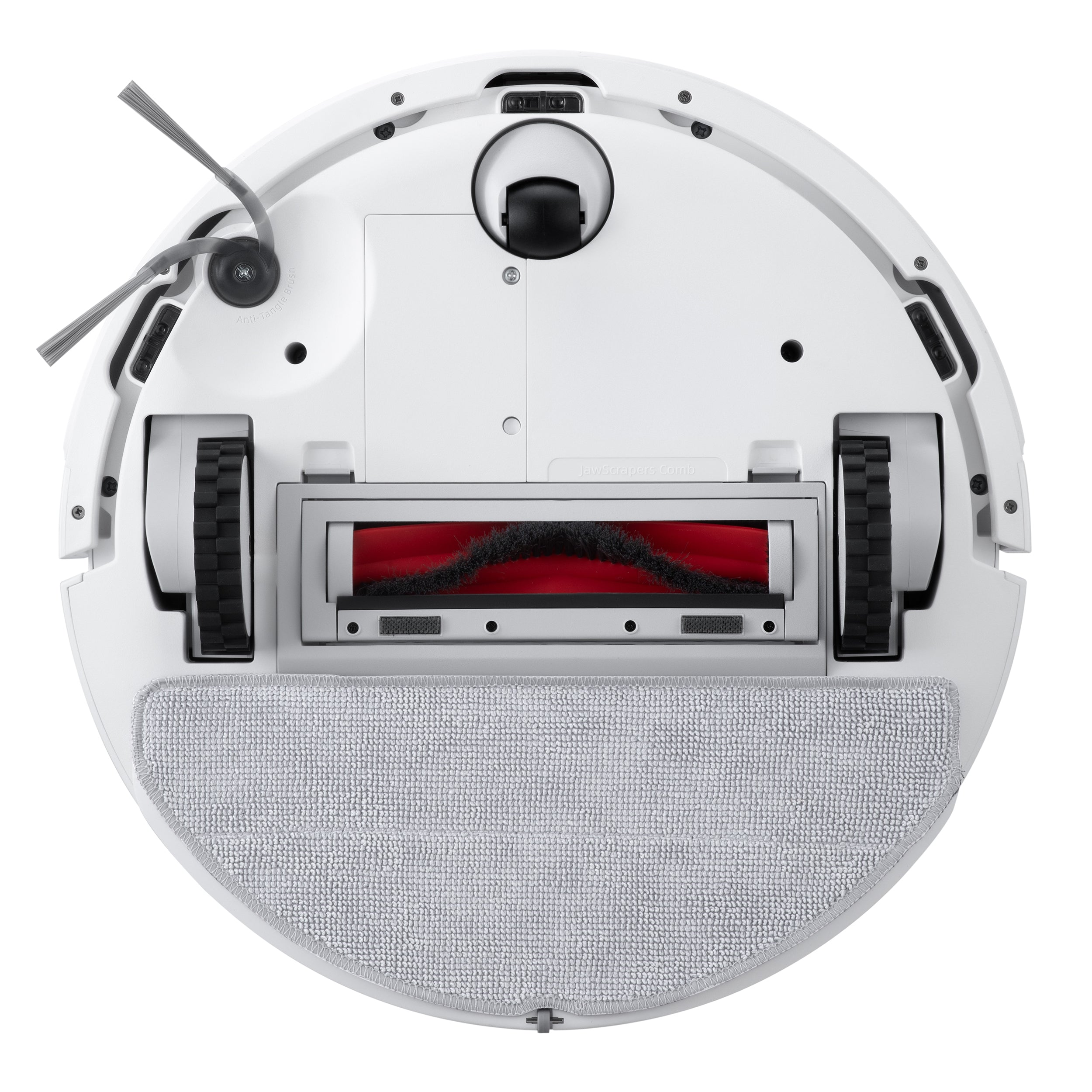 Unteransicht des Roborock Q7 TF+ Weiß Saugroboters von Roborock mit zwei Rädern, einer Seitenbürste, einer Hauptbürste mit Dual Anti-Tangle System und einem abnehmbaren Reinigungspad.