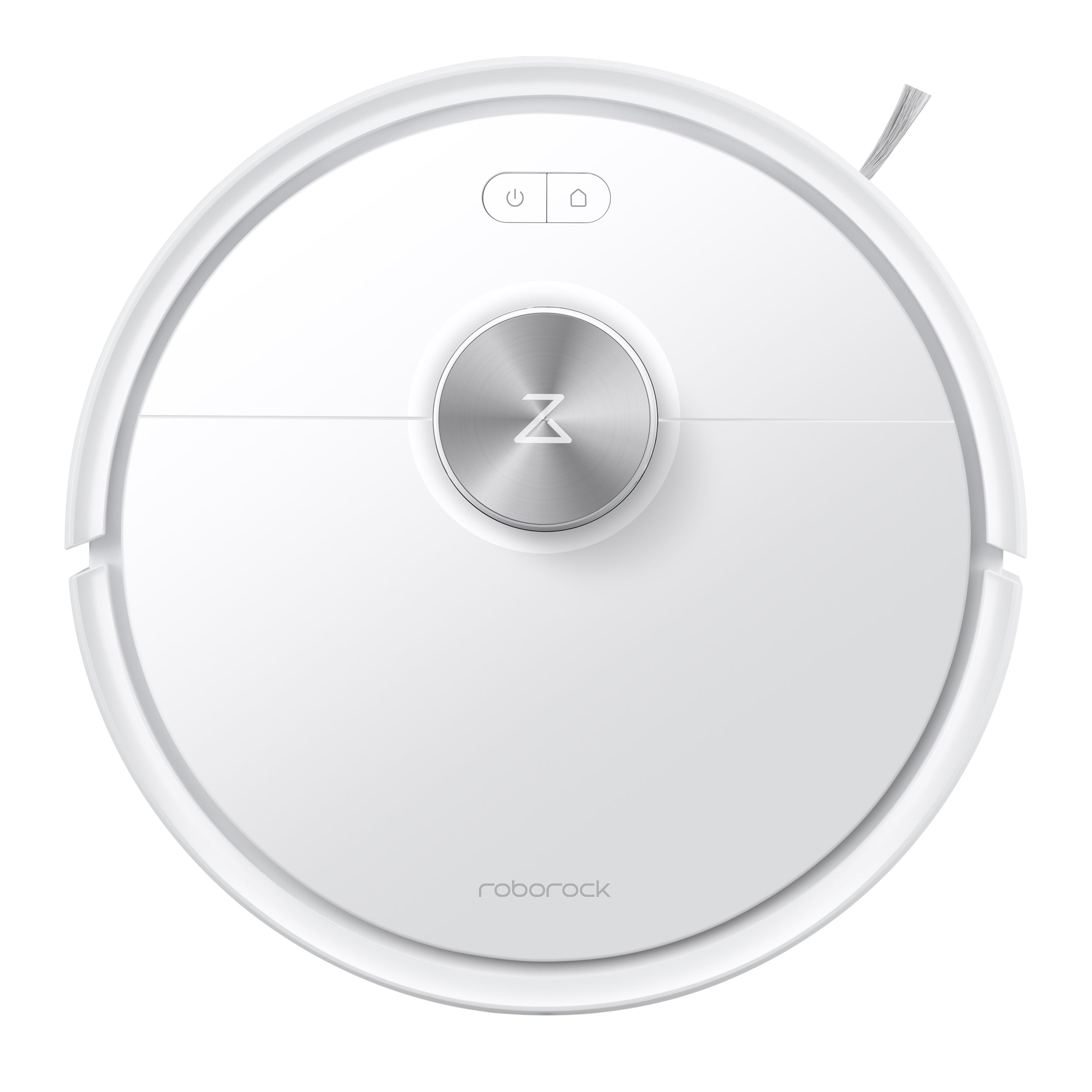 Der Roborock Q7 TF+ Weiß Saugroboter, von oben gesehen, verfügt über einen zentralen Sensor, Einschaltknöpfe, das Roborock-Logo an der Unterseite und bietet eine leistungsstarke Saugkraft von 10.000 Pa für eine effiziente Reinigung.