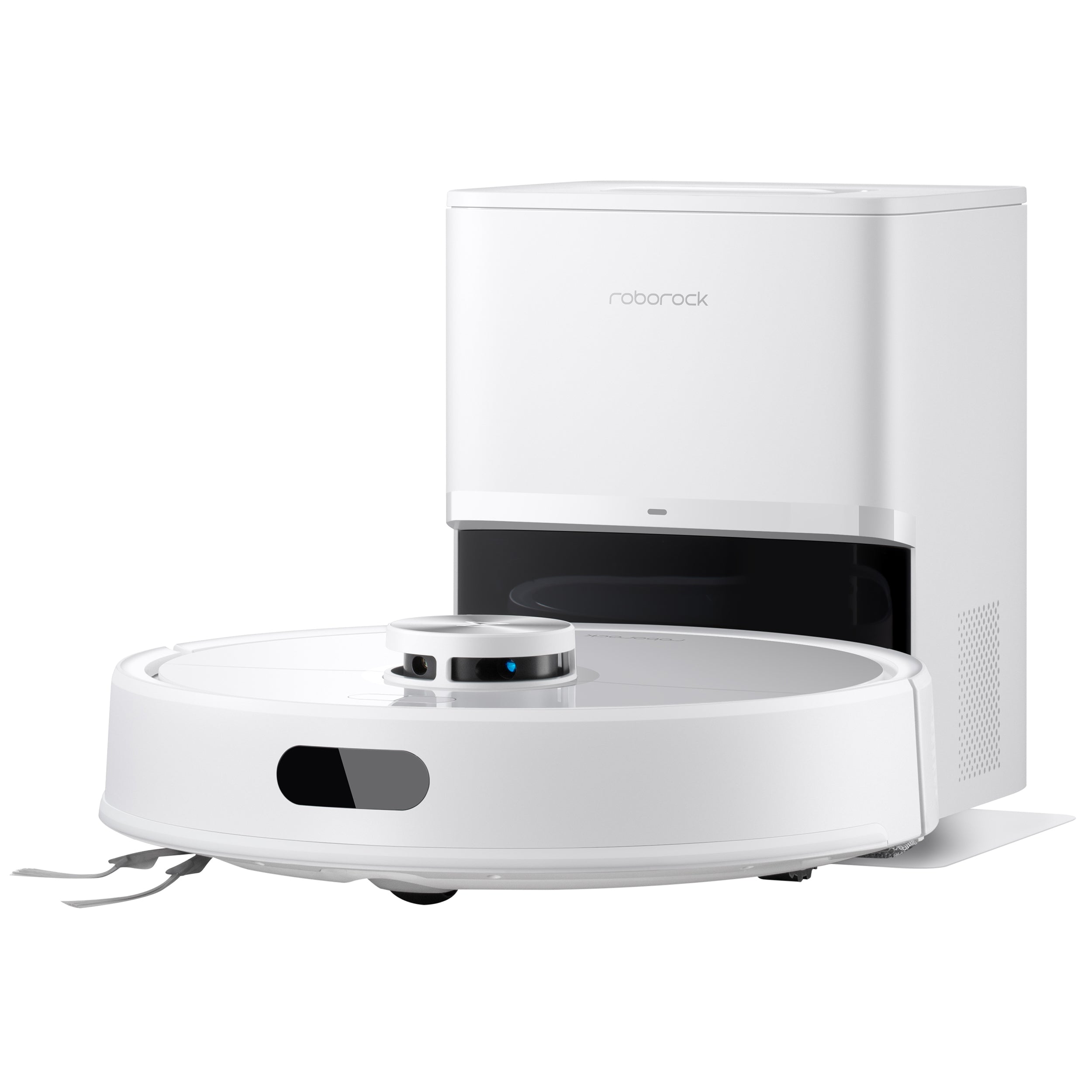 Der weiße Roborock Q7 TF+ Saugroboter von Roborock, mit 10.000 Pa Saugkraft, steht vor seiner passenden Dockingstation auf einem schlichten weißen Hintergrund.