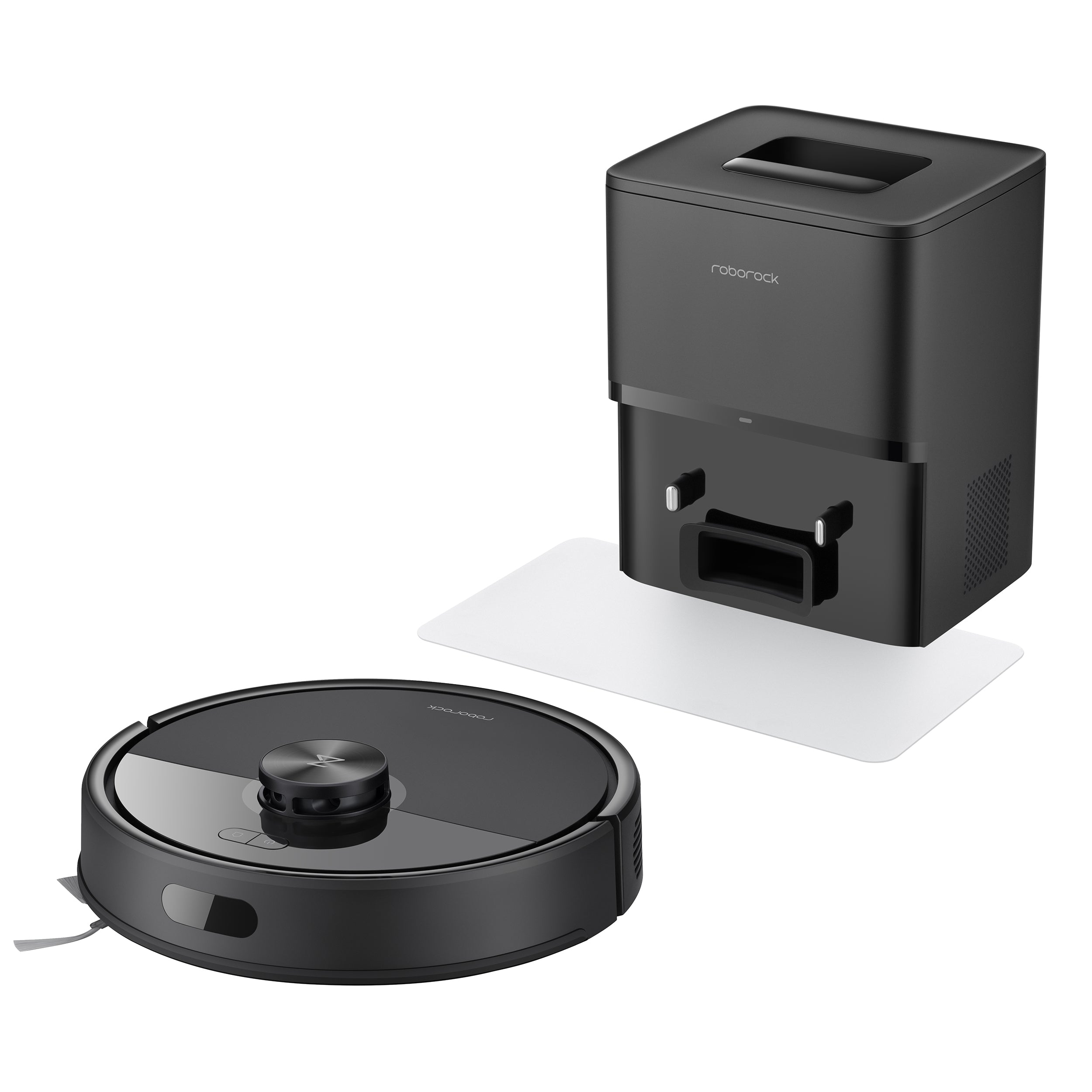 Der Roborock Q7 TF+ Schwarz Saugroboter und seine Dockingstation sind auf weißem Hintergrund abgebildet und verfügen über das Dual Anti-Tangle System von Roborock und 10.000 Pa Saugkraft für eine effiziente Reinigung.