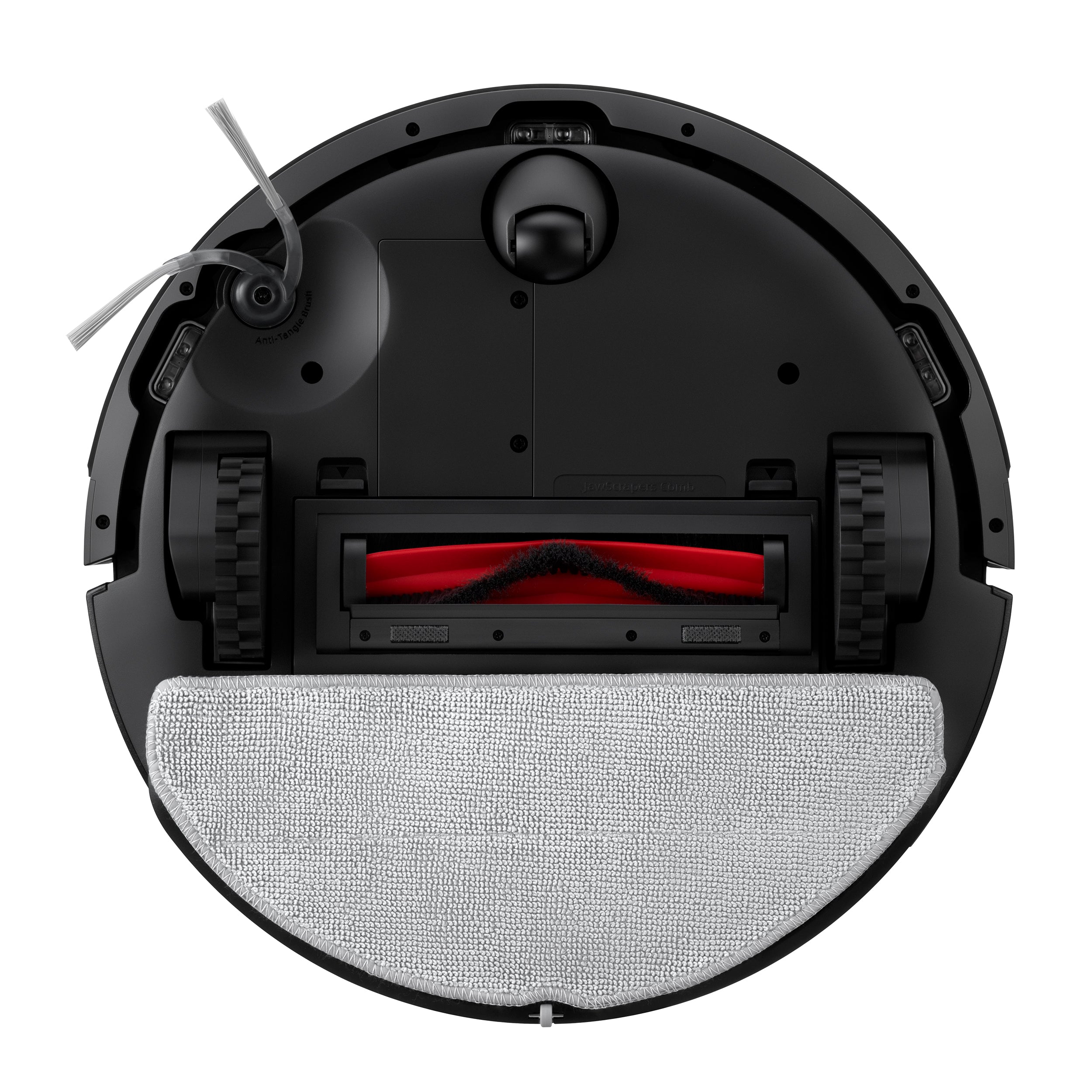 Unteransicht des Roborock Q7 TF+ Schwarz Saugroboters von Roborock mit Rädern, Seitenbürste, Hauptwalzenbürste, angebrachtem Reinigungspad und einem fortschrittlichen Anti-Tangle System für eine kraftvolle 10.000 Pa Saugreinigung.