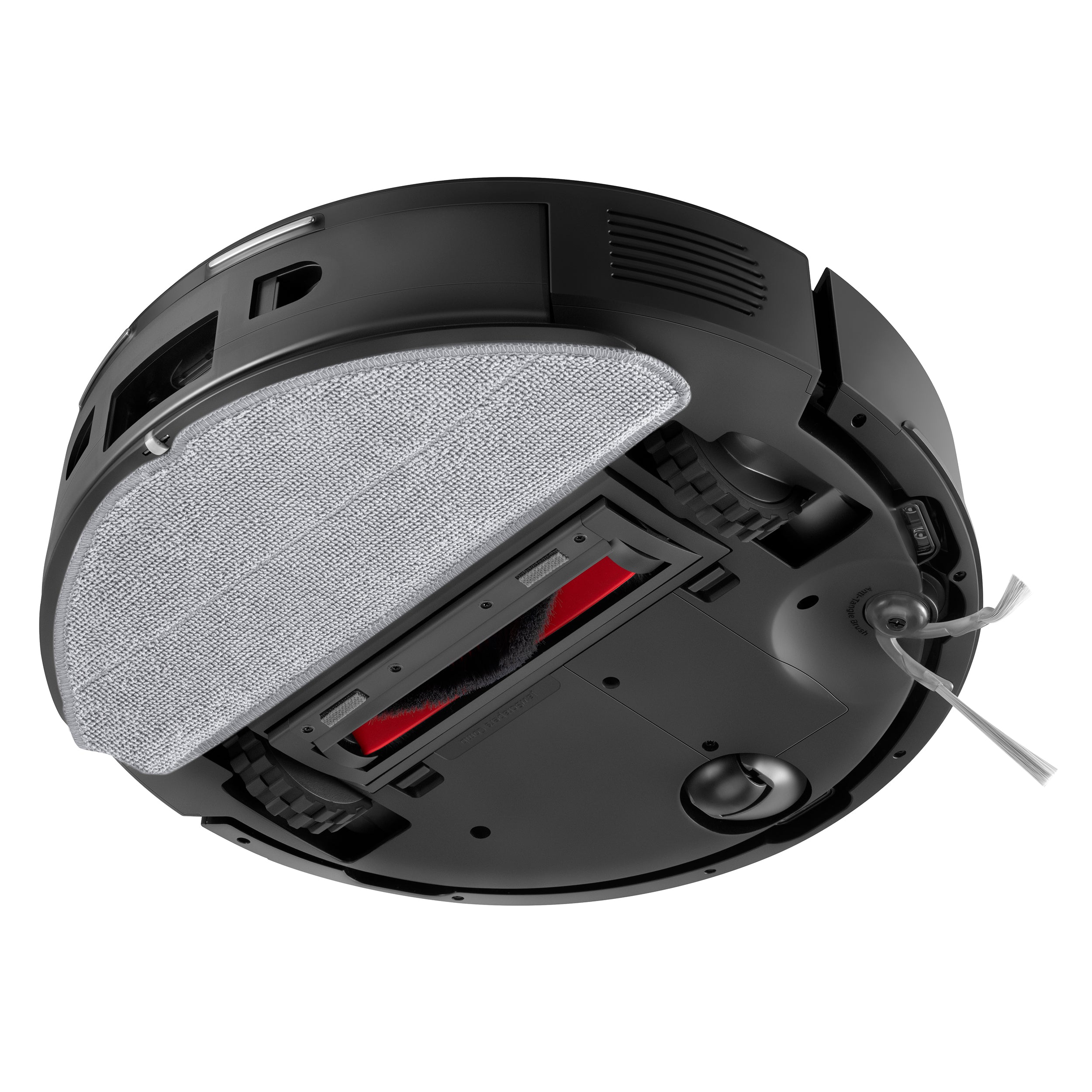 Die Unteransicht des Roborock Q7 TF+ Schwarz Saugroboters zeigt das Dual Anti-Tangle System, die Reinigungsbürste, die Räder, die Sensoren und den Moppaufsatz für die kraftvolle 10.000 Pa Saugleistung von Roborock.
