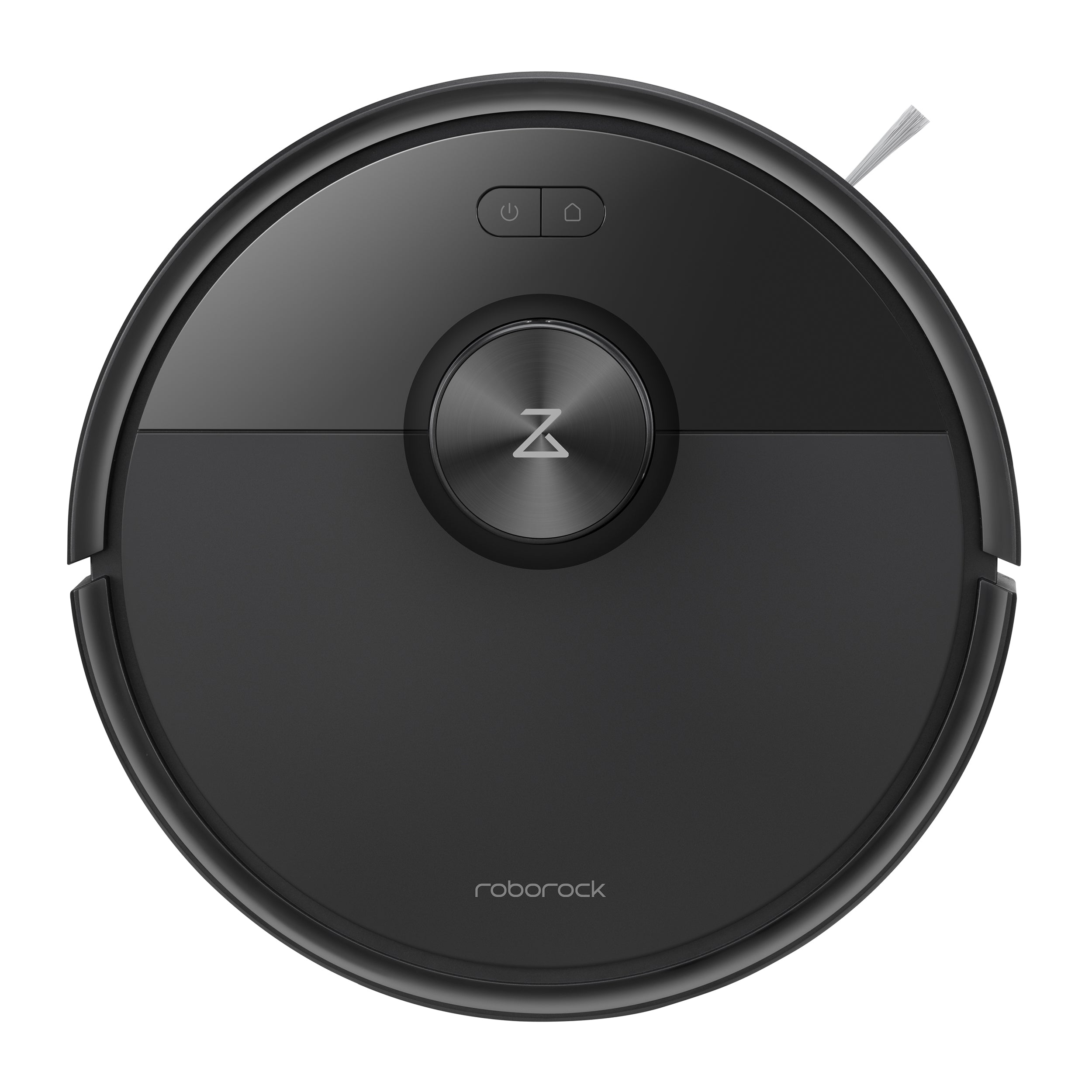 Der Roborock Q7 TF+ Schwarz Saugroboter von Roborock ist von oben abgebildet und verfügt über ein rundes Design, zentrale Tasten und ein Dual Anti-Tangle System für eine effiziente Reinigung.