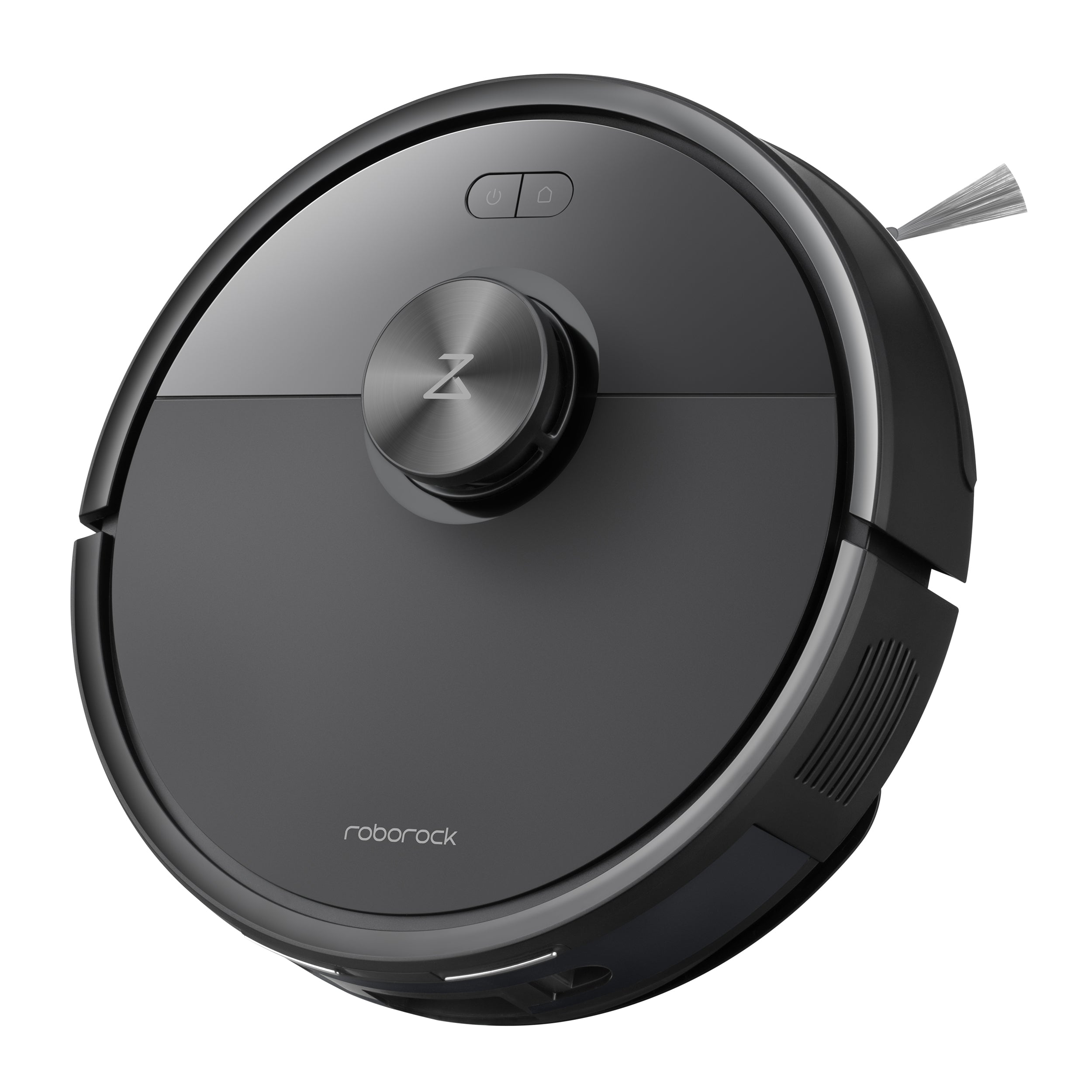 Der Roborock Q7 TF+ Schwarz Saugroboter von Roborock ist ein schwarzer, kreisförmiger Staubsaugerroboter mit Tasten an der Oberseite und einer Seitenbürste, der eine starke Saugleistung von 10.000 Pa bietet und auf einem weißen Hintergrund steht.