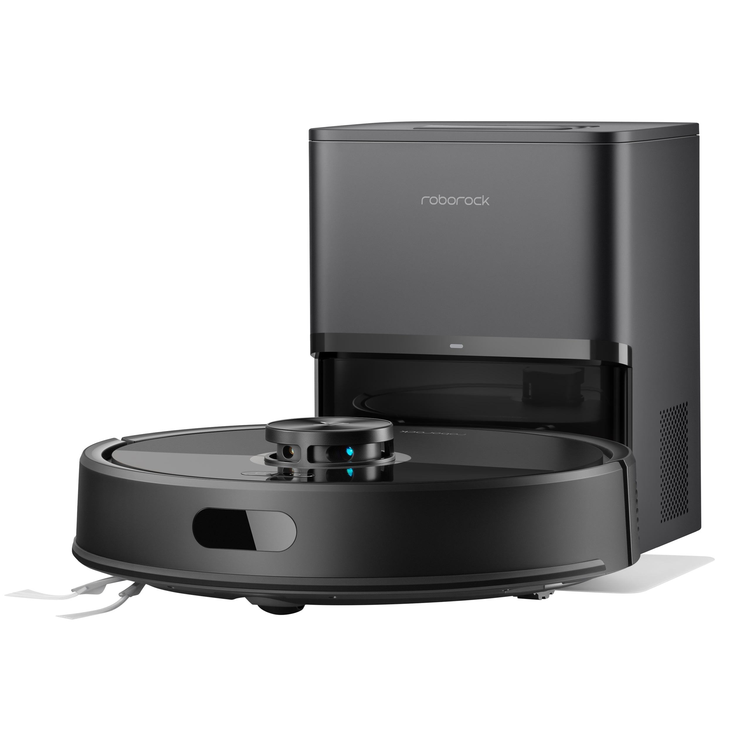 Der Roborock Q7 TF+ Schwarz Saugroboter und seine Dockingstation von Roborock sind auf weißem Hintergrund abgebildet und heben das Dual Anti-Tangle System hervor.