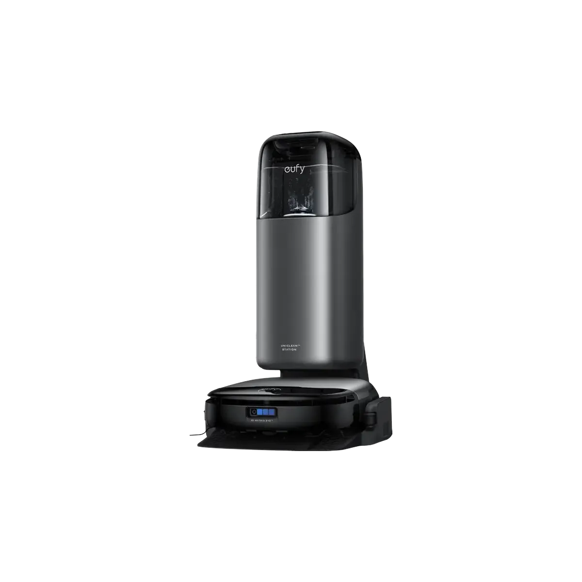 Ein schwarzer Staubsaugerroboter mit einem sich selbst entleerenden Staubsaugerbehälter auf einem schlichten schwarzen Hintergrund.