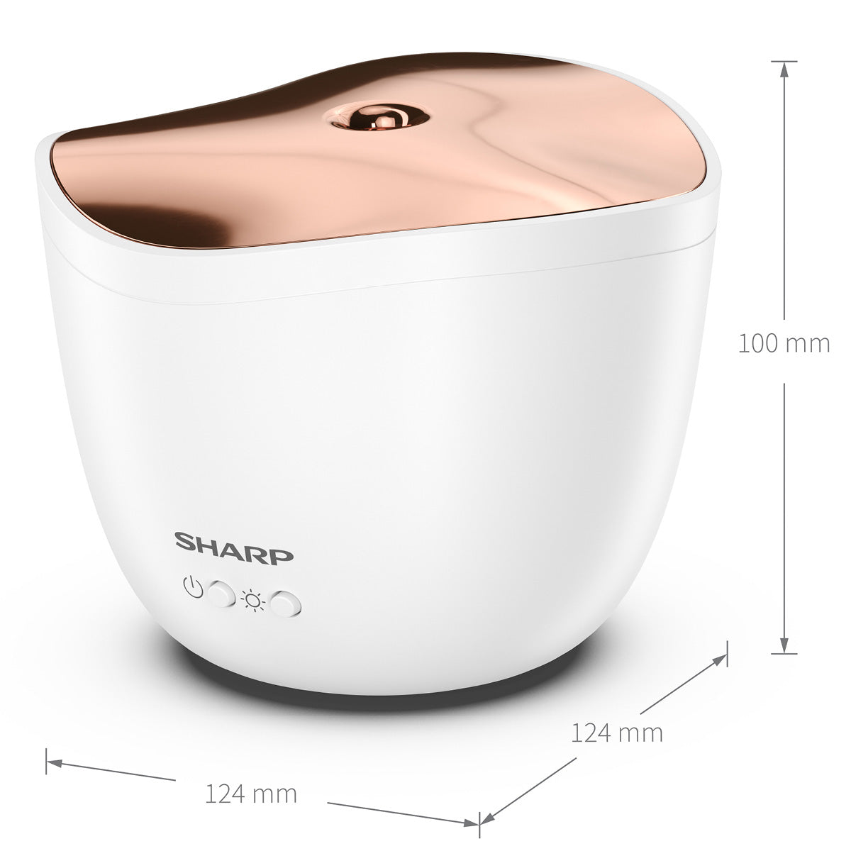 Der Sharp Ultraschall Aroma Zerstaeuber in Weiß und Roségold, 100 mm hoch und 124 mm breit, hat Fronttasten und Kontrollleuchten - ideal für ätherische Öle.