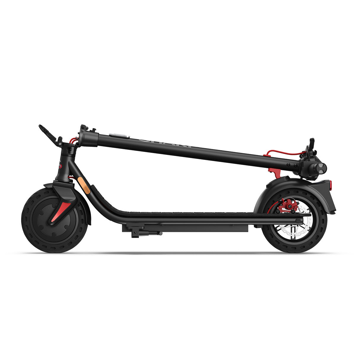Der Sharp Core S3 E-Scooter wird flach zusammengefaltet gezeigt, wobei sein Seitenprofil, die roten Akzente und die Vollgummireifen vor einem weißen Hintergrund hervorgehoben werden. Er bietet ein zuverlässiges duales Bremssystem für Sicherheit und eine nahtlose Integration mit der Sharp Life App.
