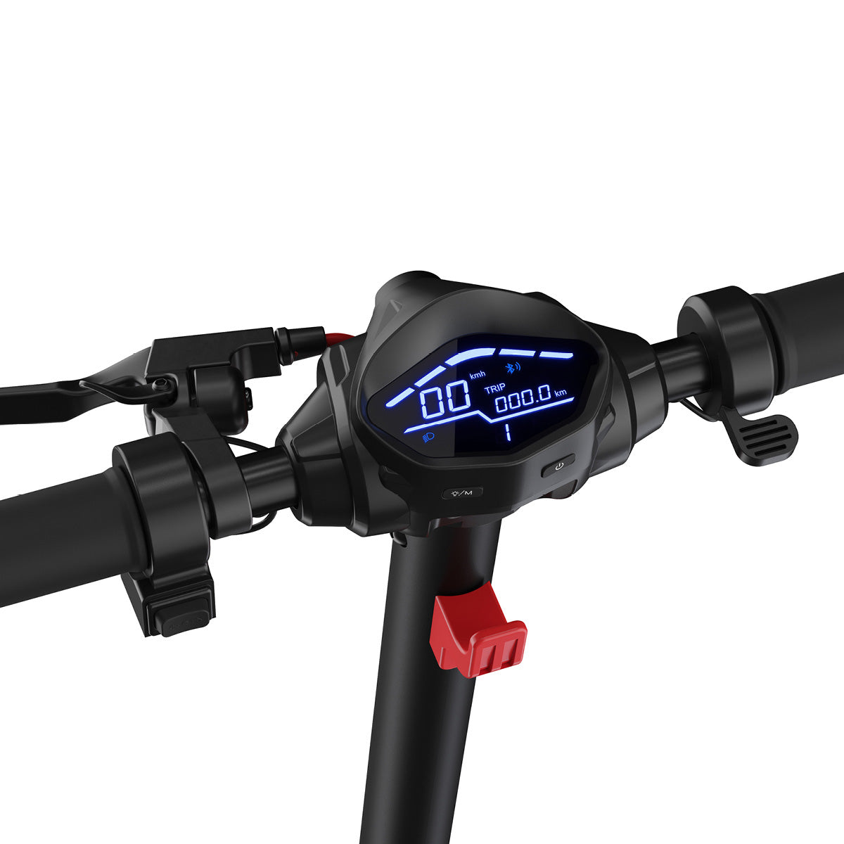 Nahaufnahme des Sharp Core S3 E-Scooter Lenkers mit digitaler Anzeige für Geschwindigkeit, Batteriestand und Ganganzeige - ideal für die Verfolgung Ihrer Fahrt mit der Sharp Life App.