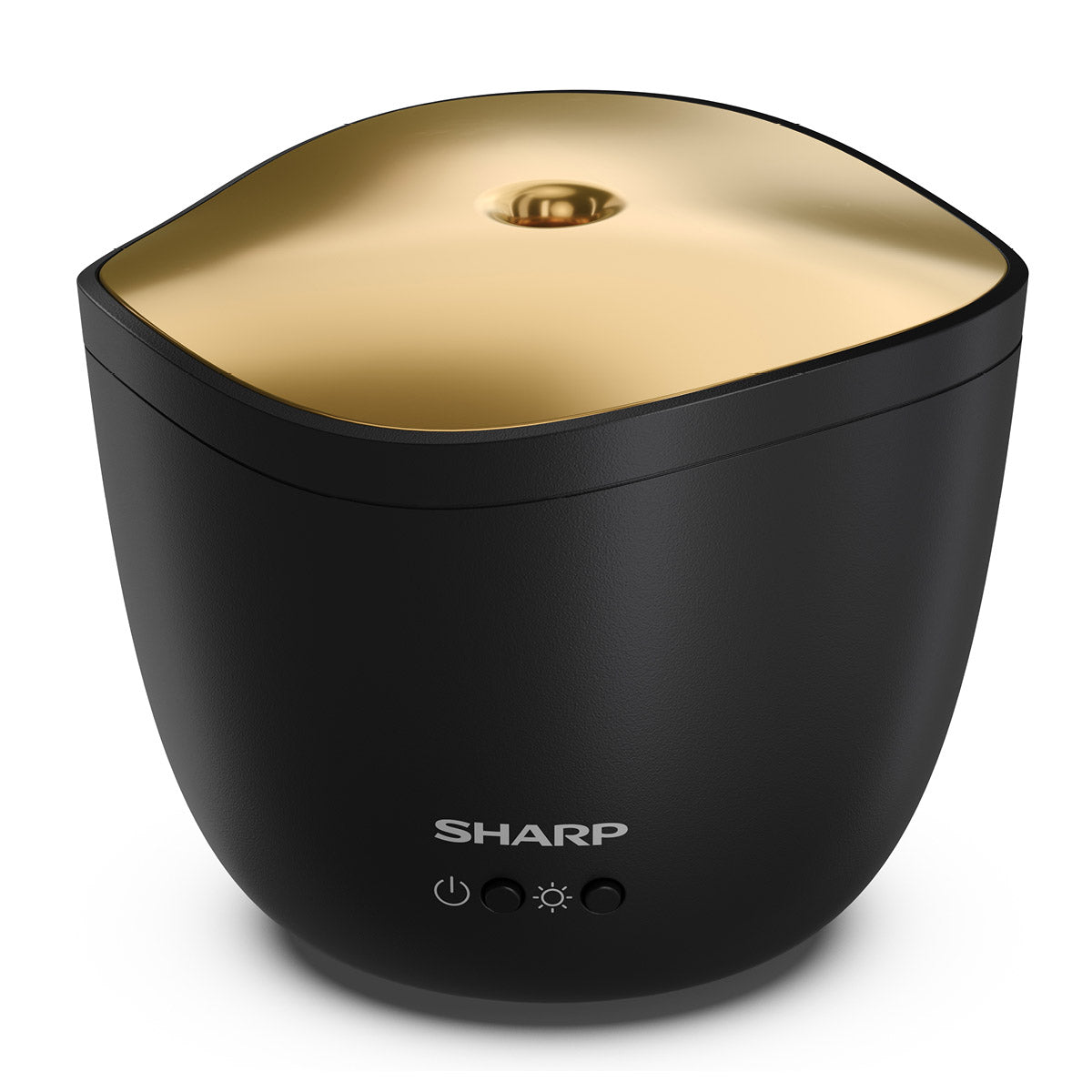 Der Sharp Ultraschall Aroma Zerstaeuber von Sharp besticht durch sein schwarz-goldenes Design, drei Bedientasten auf der Vorderseite und einen integrierten Aroma-Diffusor auf weißem Hintergrund.