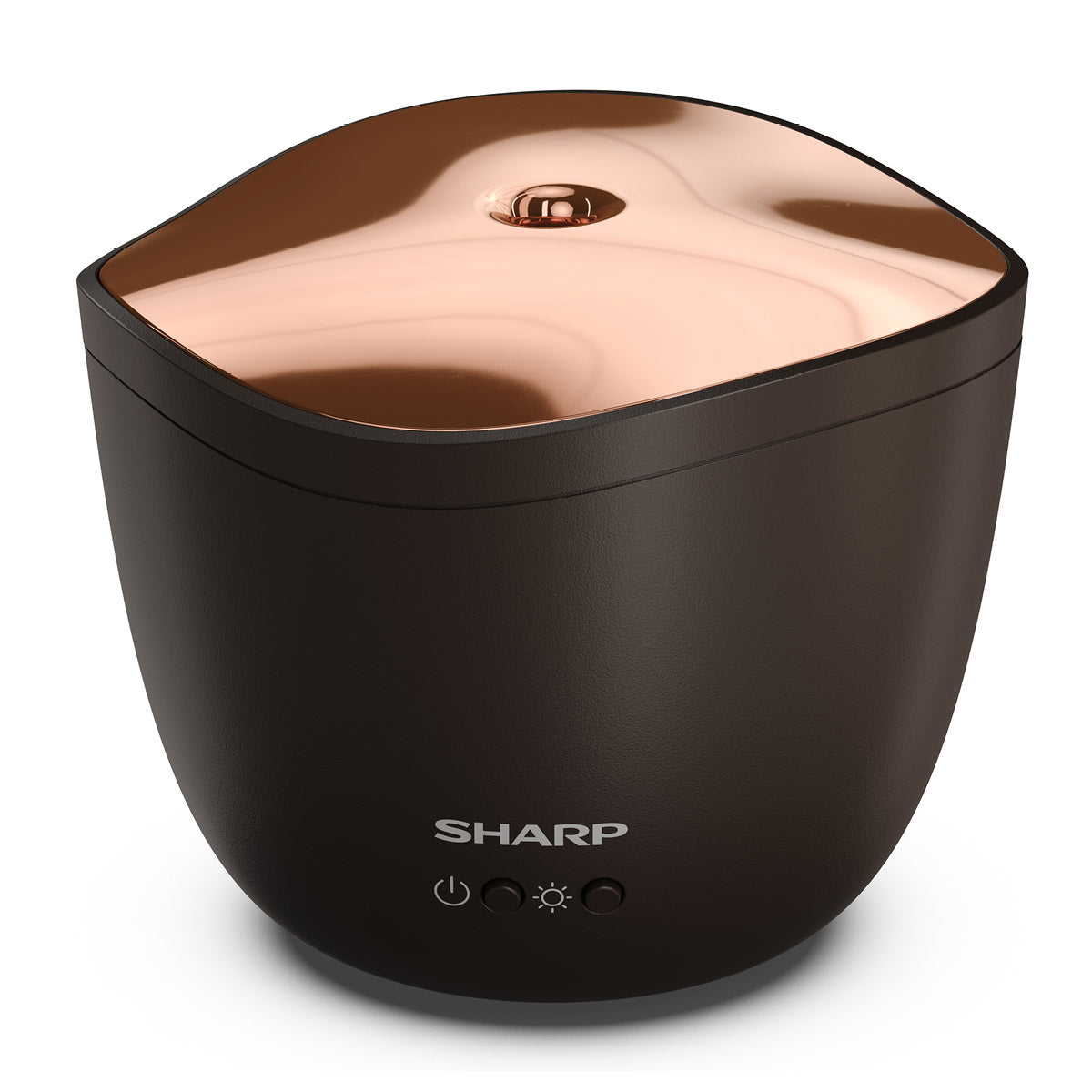 Der Sharp Ultraschall Aroma Zerstaeuber von Sharp verfügt über ein elegantes schwarzes und kupferfarbenes abgerundetes Design, drei Bedienknöpfe auf der Vorderseite und ist ideal für Aromatherapie. Er arbeitet mit ätherischen Ölen für ein erstklassiges Aroma-Diffuserlebnis.