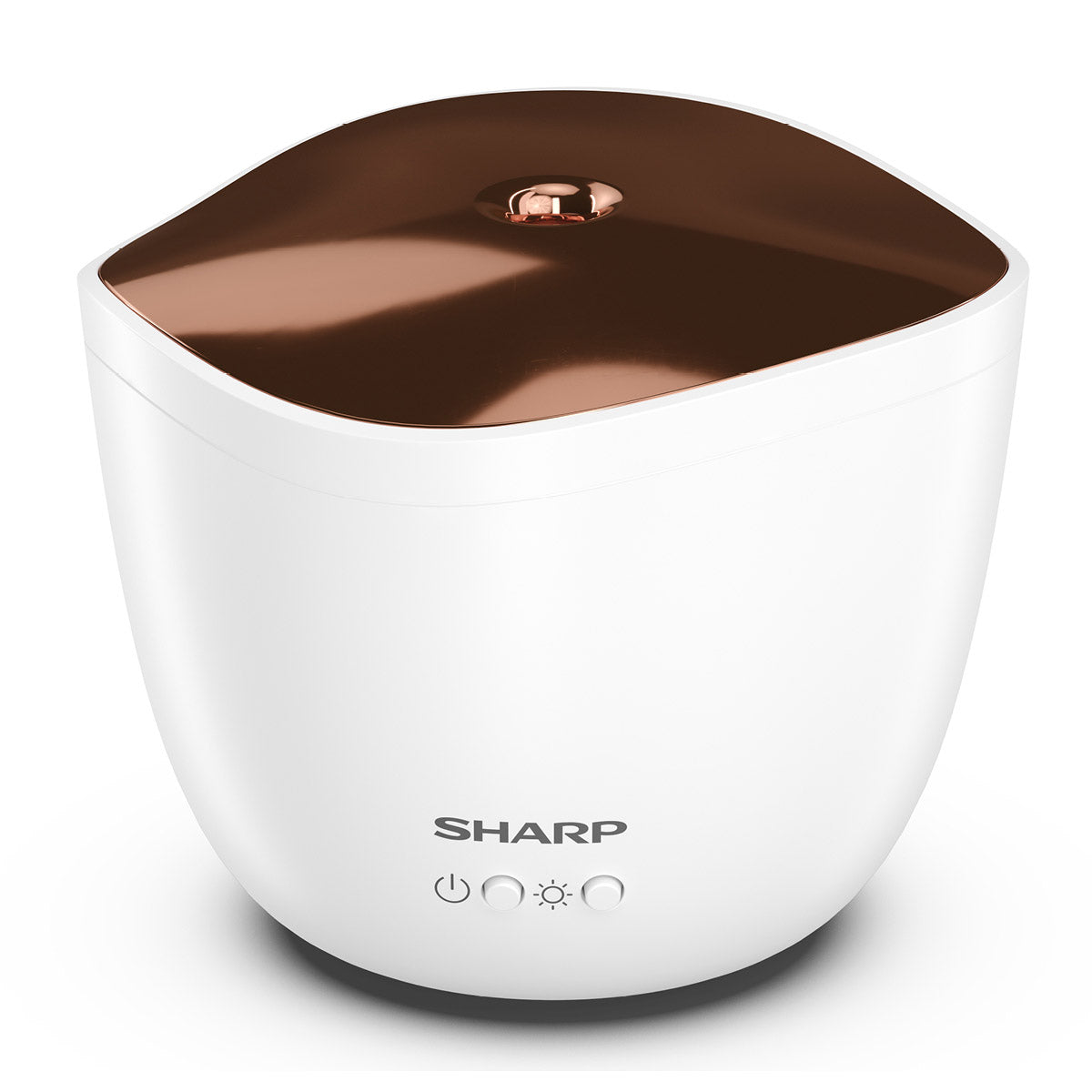 Der Sharp Ultraschall Aroma Zerstaeuber ist ein weißer und kupferfarbener Luftbefeuchter mit einem abgerundeten Design, drei Kontrollleuchten auf der Vorderseite und ist kompatibel mit ätherischen Ölen für Aromatherapie.