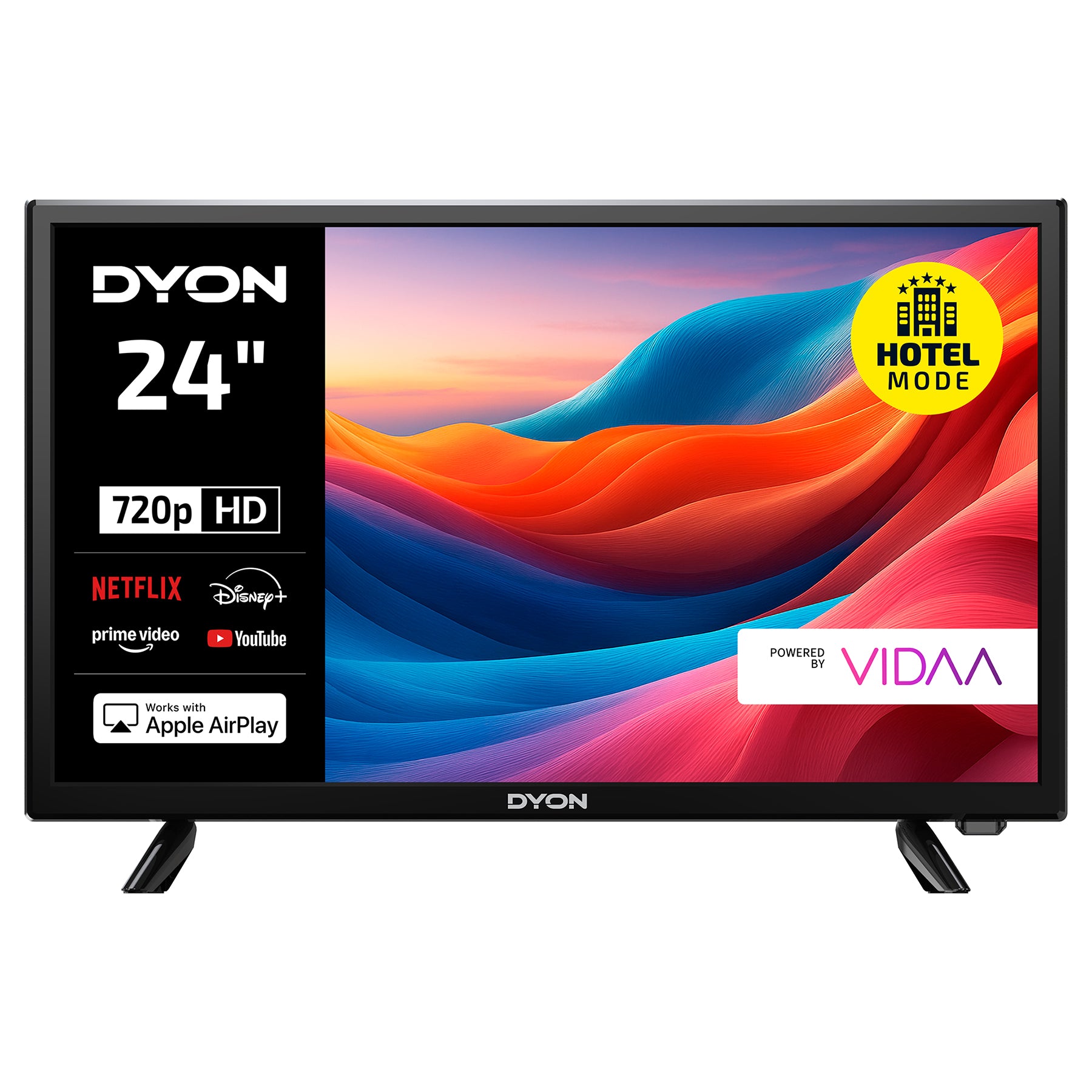 Der Dyon Smart 24 VX Smart TV (24 Zoll, 60 cm) bietet ein 720p HD-Display, Triple Tuner, Hotelmodus, Netflix und Prime Video Apps, Apple AirPlay Unterstützung und läuft auf dem VIDAA Betriebssystem.