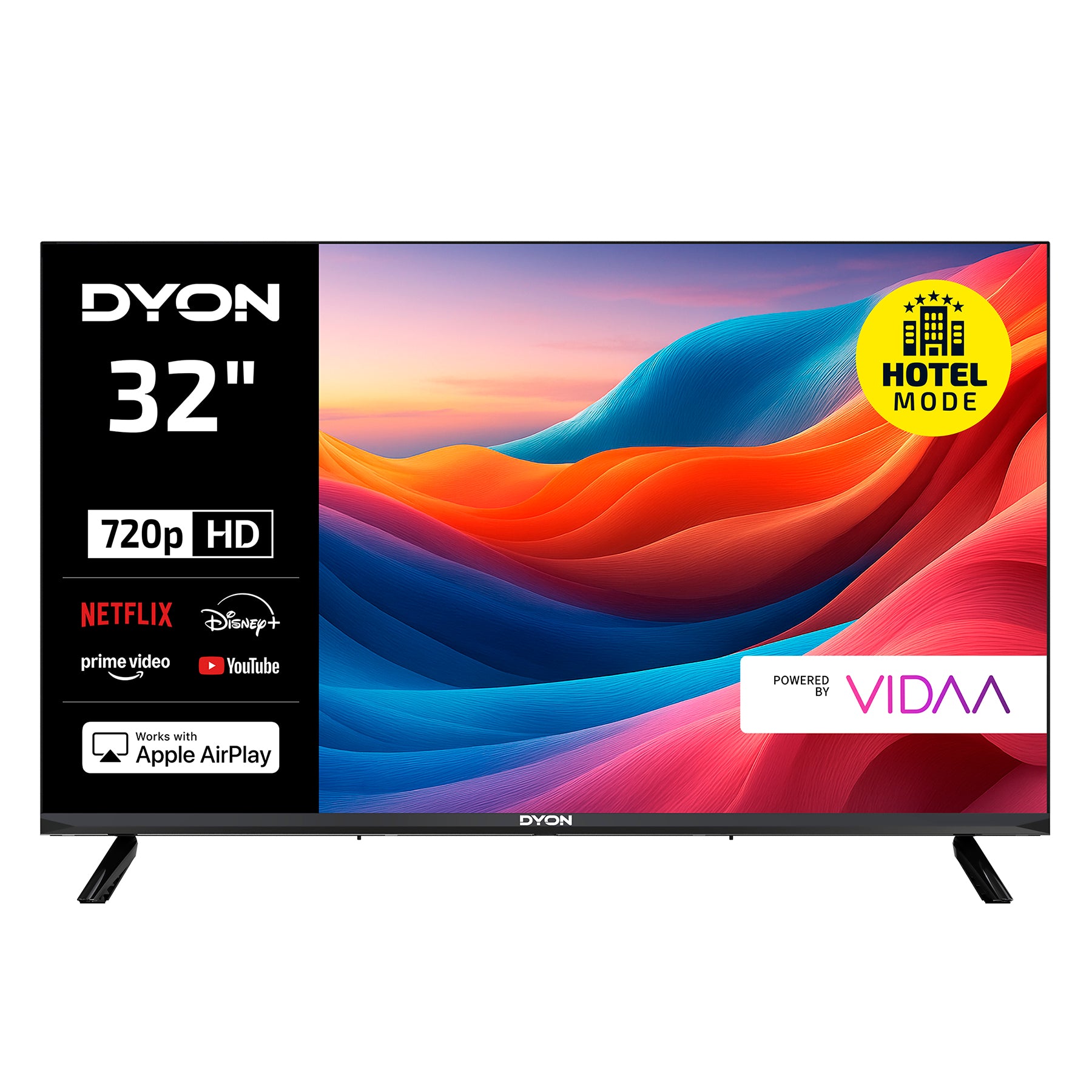 Der Dyon Smart 32 VX Smart TV (32 Zoll, 80 cm) zeigt Logos von Streaming-Diensten an, verfügt über eine 720p-HD-Auflösung, einen Hotelmodus-Aufkleber, wird von VIDAA unterstützt und zeigt einen bunten, abstrakten Hintergrund auf dem Bildschirm.