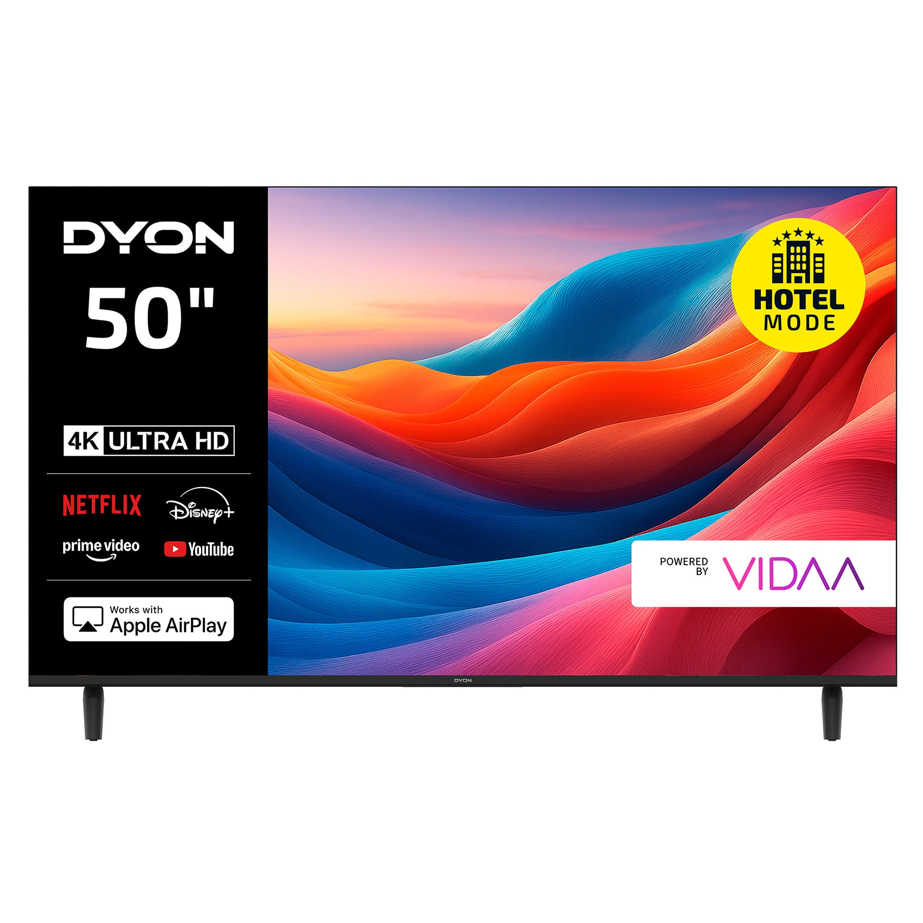 Der Dyon Smart 50 VX Smart TV (50 Zoll, 126 cm) zeigt Streaming-Service-Logos, den Hotel Mode und "Powered by VIDAA Betriebssystem" auf dem Bildschirm.