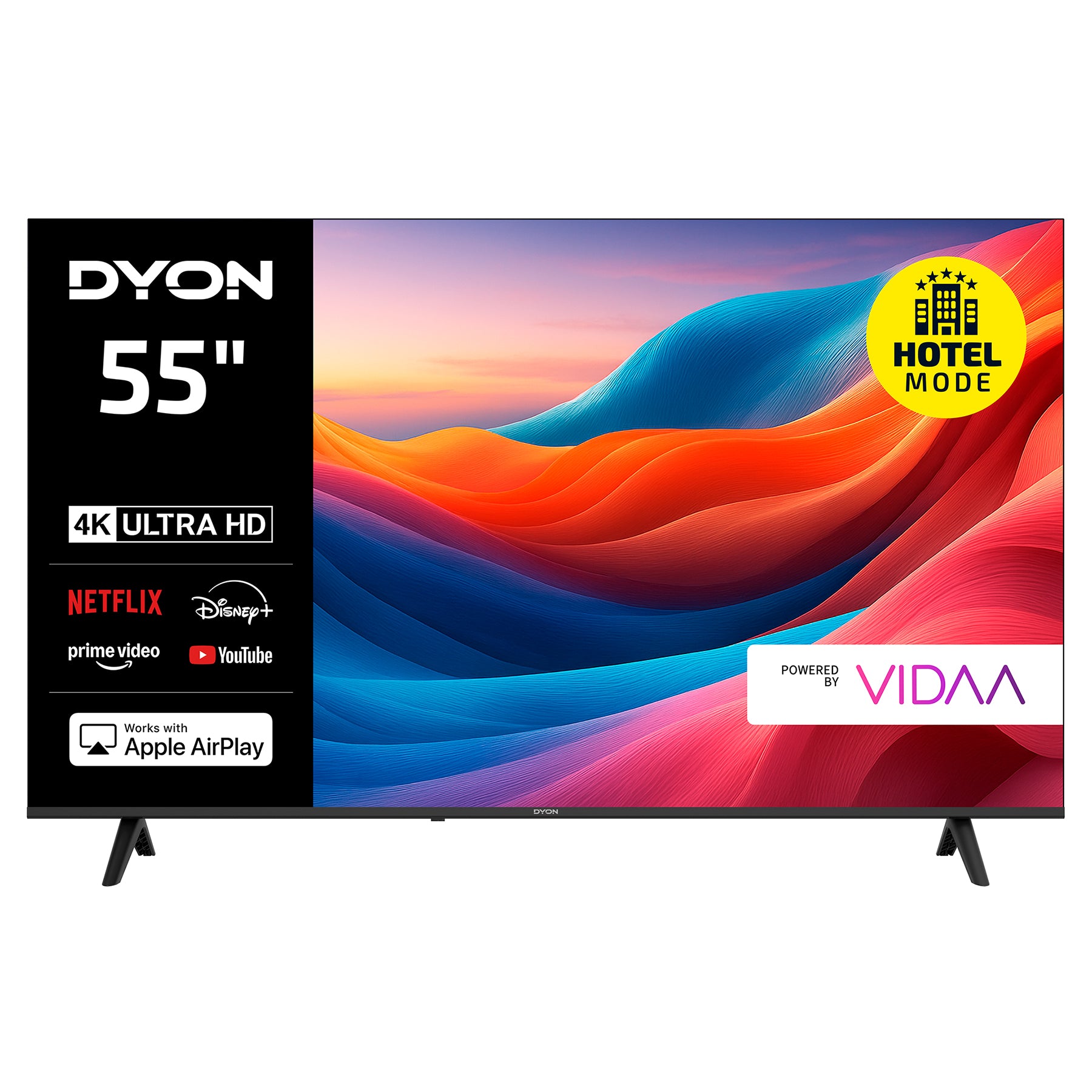 Der DYON Smart 55 Zoll 4K UHD Smart TV von Dyon verfügt über App-Logos, Apple AirPlay-Kompatibilität und eine Hotelmodus-Funktion, die auf seinem Ultra HD-Bildschirm angezeigt wird.