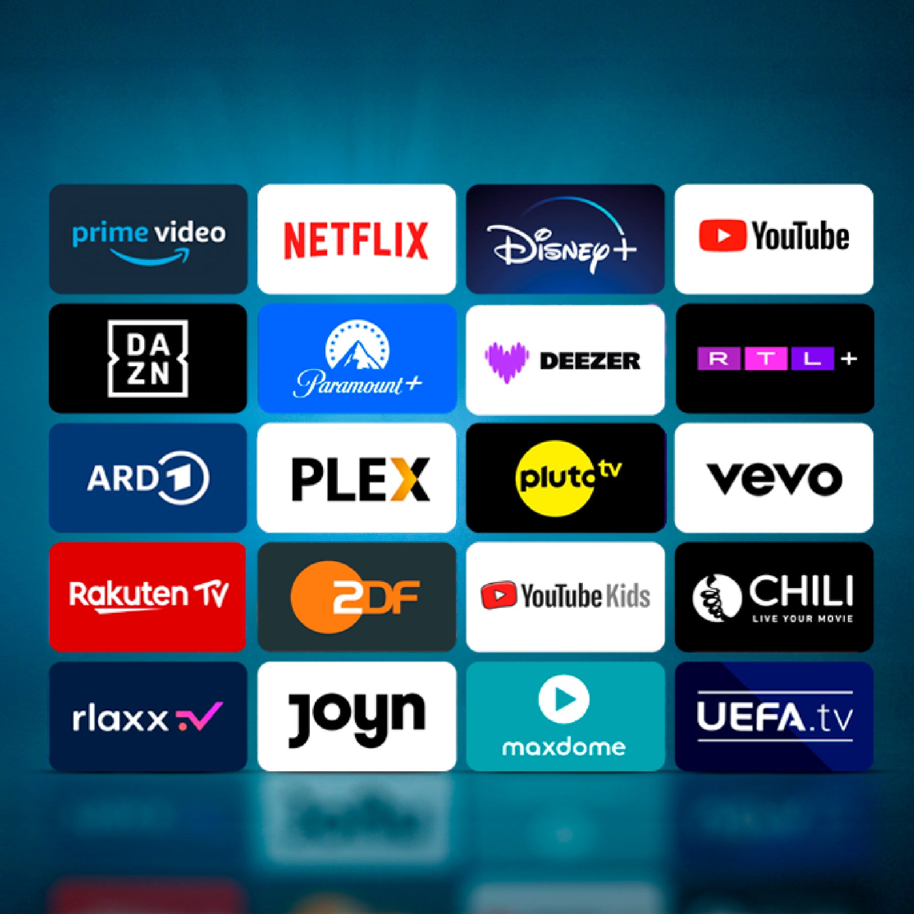Ein Raster aus 20 Logos von Streaming-Diensten wie Prime Video, Netflix und Disney+ erscheint auf einem blauen Hintergrund mit Farbverlauf - ideal für den Genuss auf dem Dyon Smart 24 VX Smart LED-Fernseher (24 Zoll, 60 cm) mit Triple Tuner und VIDAA Betriebssystem.