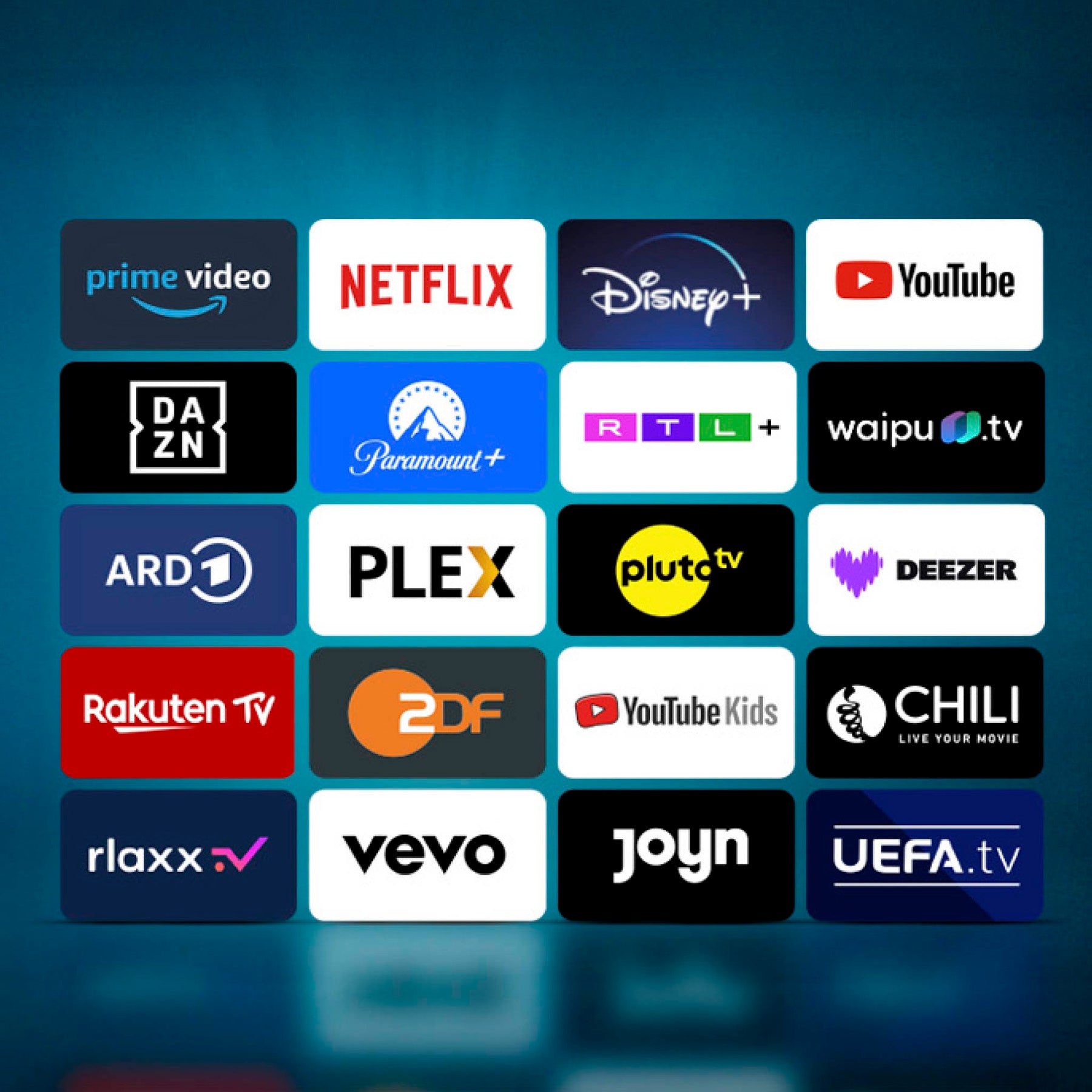 Ein DYON Smart 55 Zoll 4K UHD Smart TV von Dyon zeigt ein Raster aus 20 Streaming- und Videodienst-Logos wie Prime Video, Netflix, Disney+, YouTube, Paramount+ und UEFA.tv auf blauem Hintergrund.