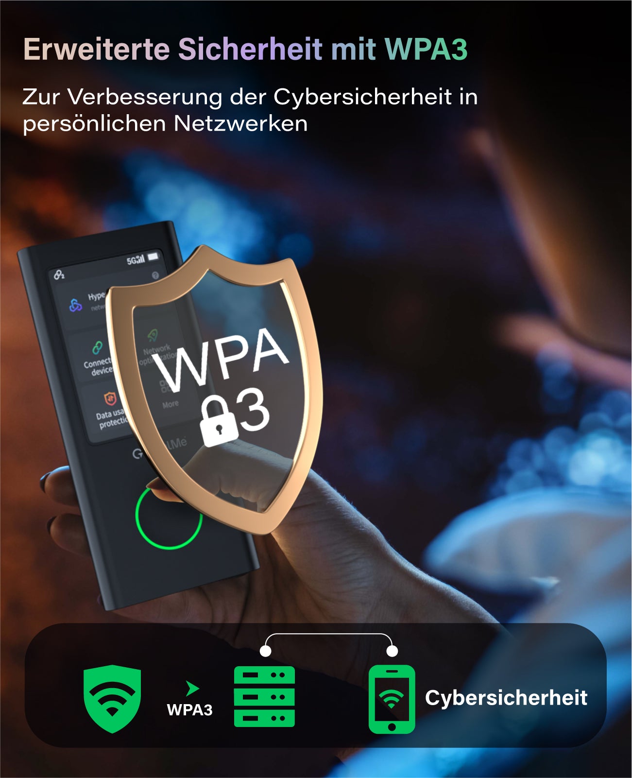 Eine Person hält das GlocalMe Numen Air Modell U50 GLMU21A01 Smartphone von GlocalMe in der Hand und zeigt die Sicherheitseinstellungen; ein digitales Schild mit WPA3 und ein Schlosssymbol weisen auf die fortschrittliche Cybersicherheit des persönlichen Netzwerks hin.