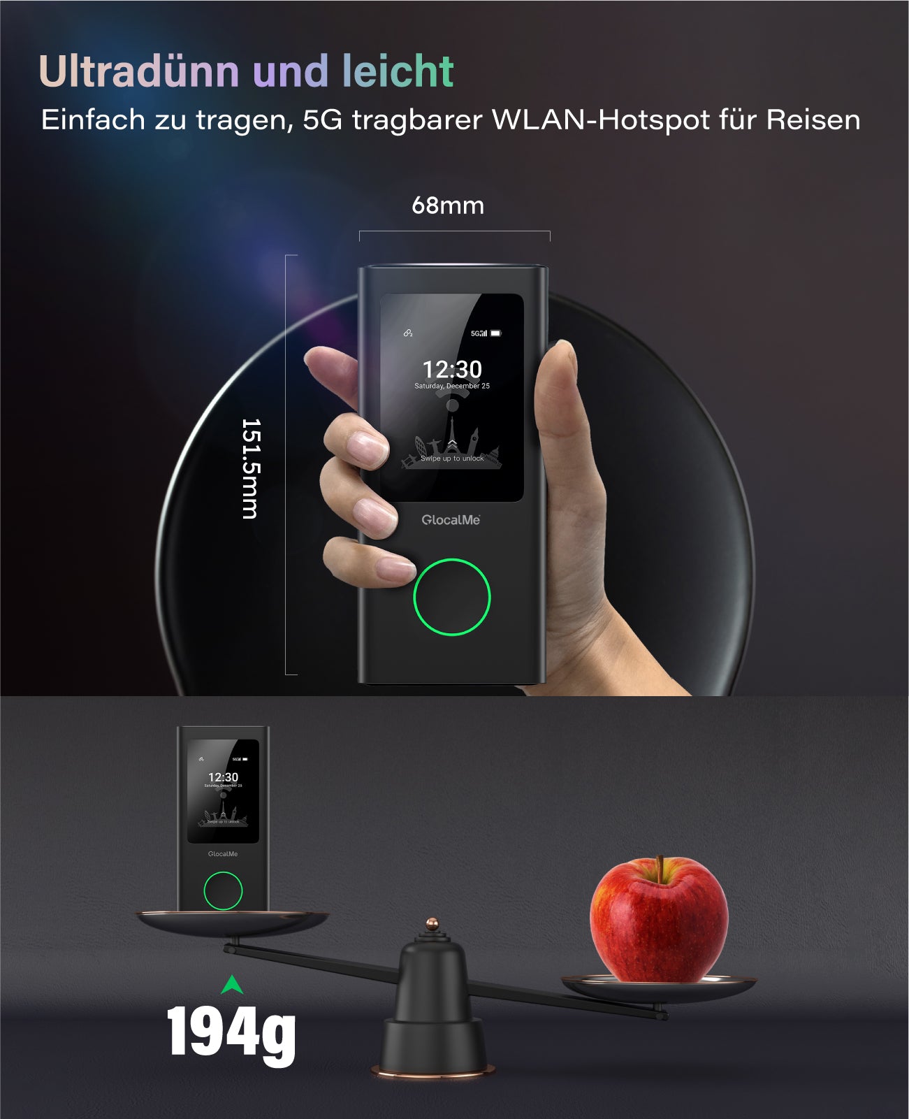 Eine Hand hält den schlanken GlocalMe Numen Air Modell U50 GLMU21A01 tragbaren WiFi-Hotspot von GlocalMe neben einer Messwaage; unten wiegen das Gerät und ein Apfel beide 194 g auf einer Waage.