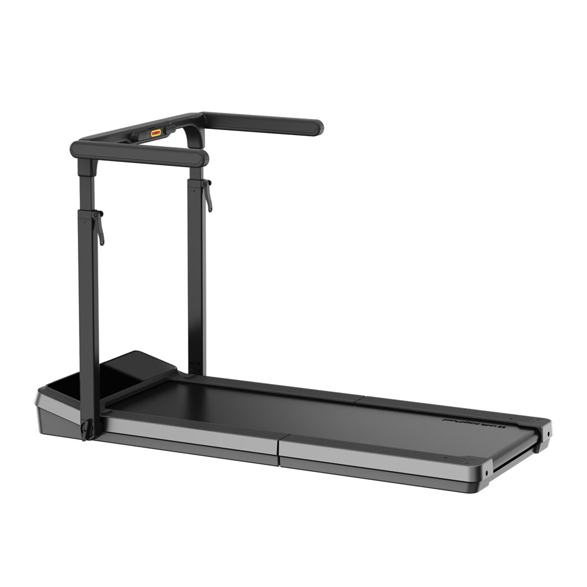Auf weißem Hintergrund ist ein elegantes, schwarz-graues „Kingsmith WalkingPad Z3 Hybrid+“ – ein klappbares Laufband für den Schreibtisch – zu sehen, das über Handläufe, ein digitales Display und ein flaches Laufband mit fortschrittlicher Fitness-Technologie verfügt.
