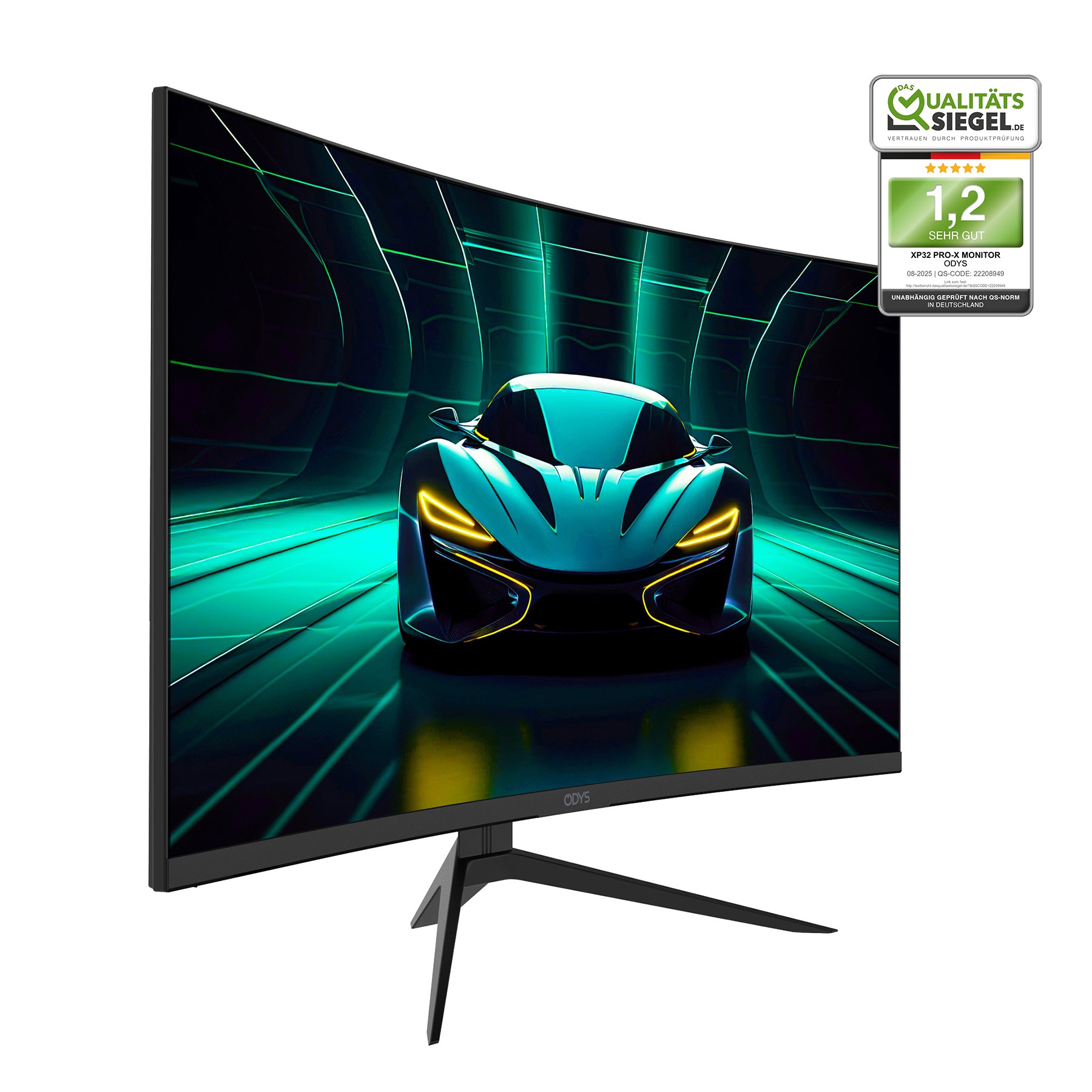 Odys XP32 PRO-X Curved Gaming Monitor (32 Zoll) zeigt einen neonbeleuchteten Sportwagen auf dem Bildschirm, mit einer Qualitätszertifizierungsplakette in der oberen rechten Ecke.