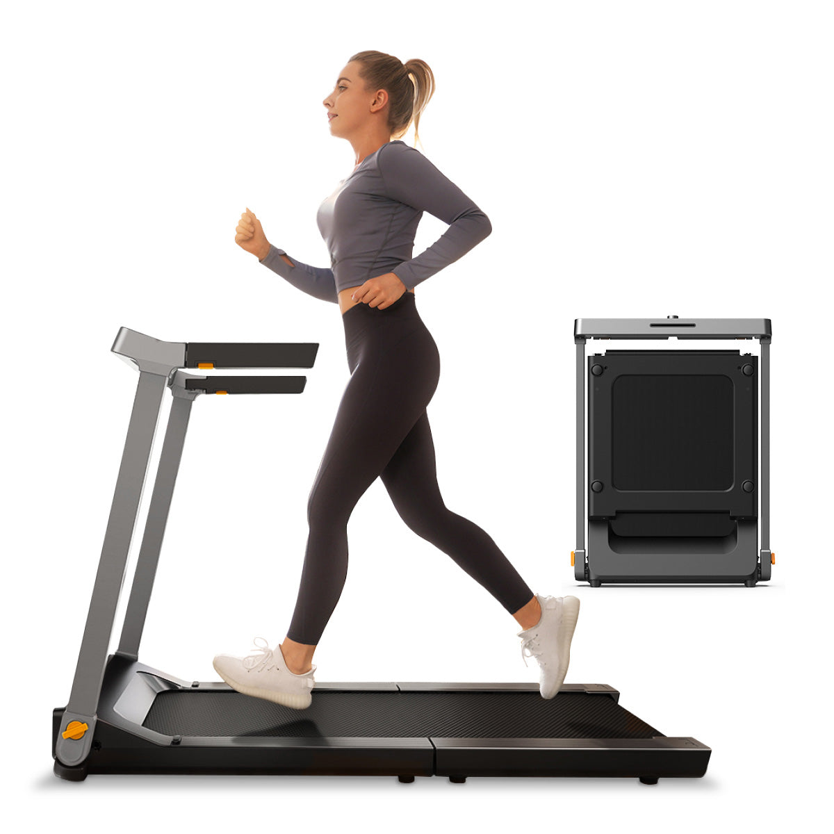 Eine Frau joggt auf einem Laufband, während das zusammengeklappte „Kingsmith WalkingPad G1“ – ein klappbares Laufband für zu Hause (12 km/h, 110 kg Handlauf) – neben ihr auf weißem Hintergrund zu sehen ist, wodurch sein praktisches und platzsparendes Design hervorgehoben wird.