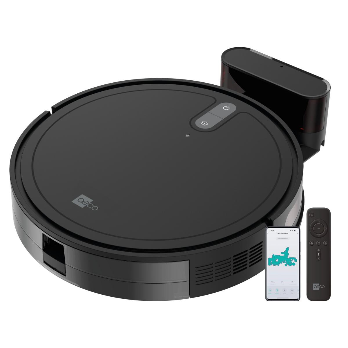 Der aeco VacuBot X3 ist ein schwarzer Saugroboter mit 5000 Pa Saugleistung, Ladestation, Fernbedienung und Smartphone, das eine Reinigungskarte mit präziser Gyroskop-Navigation anzeigt.