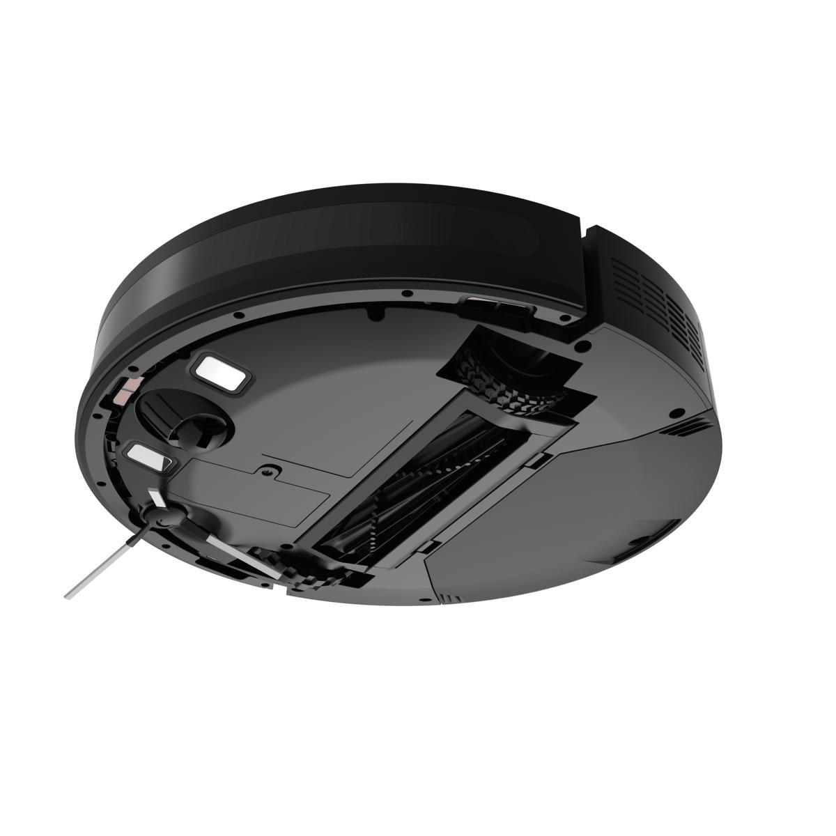 Unteransicht des aeco VacuBot X3 Saugroboters mit Gyroskop-Navigation. Hervorzuheben sind die Räder, die Bürsten und der leistungsstarke 5000-Pa-Saugbereich auf weißem Hintergrund.