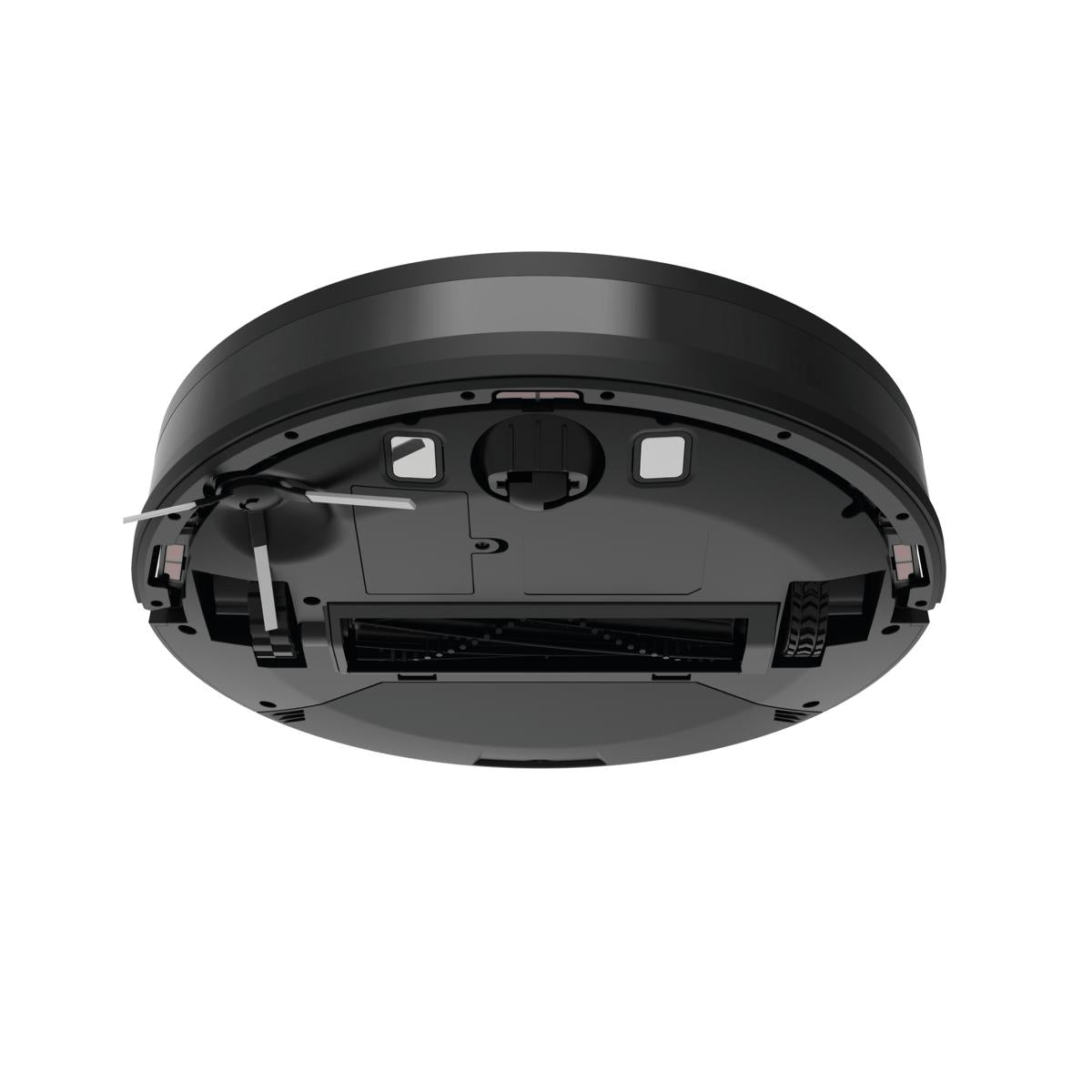 Unteransicht des schwarzen Staubsaugerroboters aeco VacuBot X3 mit 5000 Pa Saugleistung, mit Bürsten, Rädern und Gyroskop-Navigationssensoren auf weißem Hintergrund.