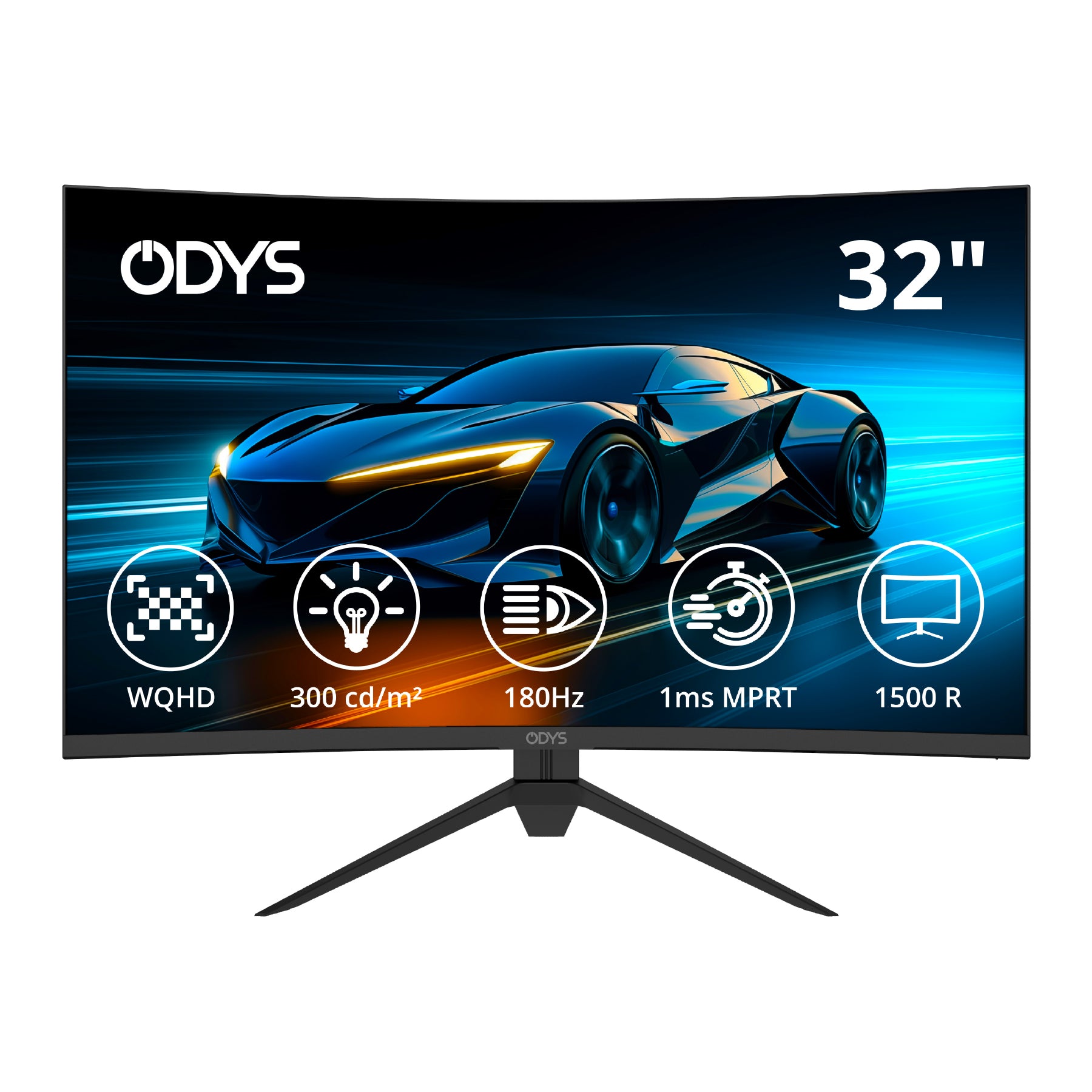 Der Odys XP32-X Curved Gaming Monitor (32 Zoll, 80 cm) zeigt eine futuristische Autografik und Icons bei WQHD-Auflösung, 300 cd/m² Helligkeit, 180Hz Bildwiederholrate, 1ms MPRT und einer 1500R Kurve.