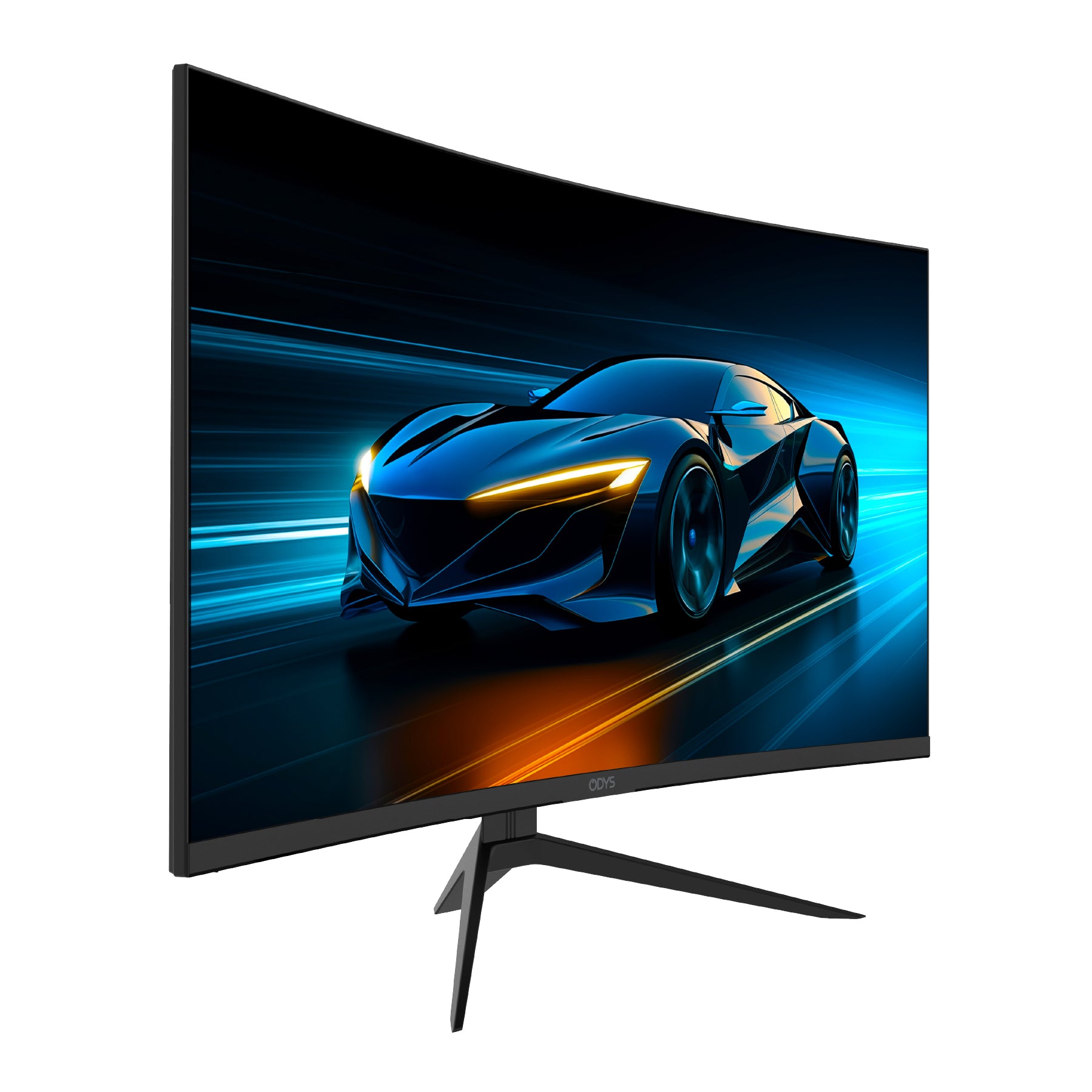 Der Odys XP32-X Curved Gaming Monitor (32 Zoll, 80 cm) zeigt das digitale Bild eines schnittigen, futuristischen Sportwagens mit blauen und orangenen Lichteffekten.