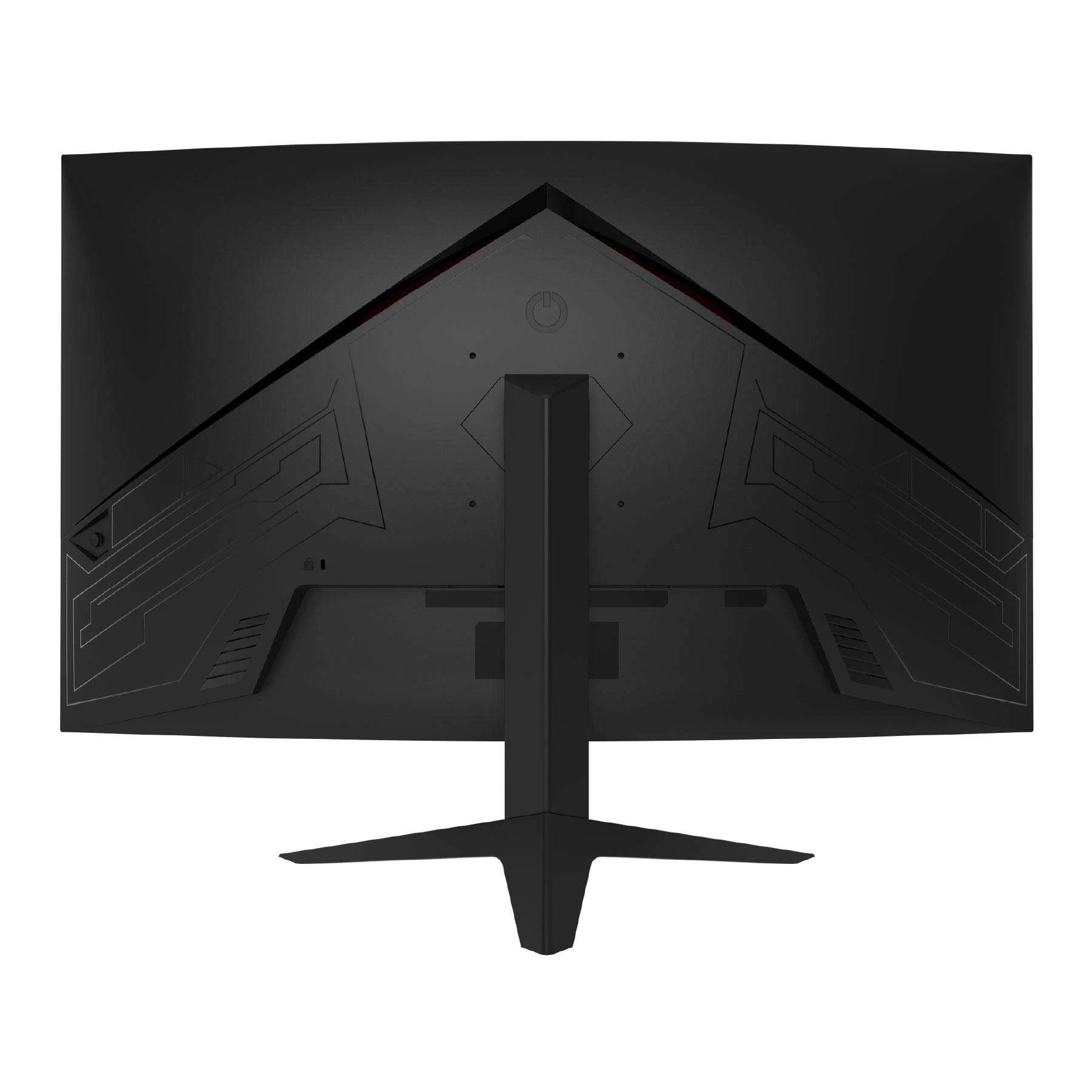 Rückansicht des Odys XP32-X Curved Gaming Monitors (32 Zoll, 80 cm) in Schwarz mit geometrischem Design, zentralem Standfuß und Einschaltknopf in der oberen Mitte.