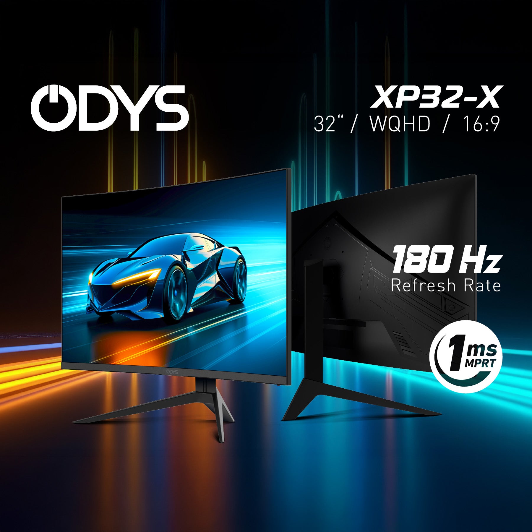 Odys XP32-X Curved-Gaming-Monitor (32 Zoll, 80 cm) auf der Vorder- und Rückseite mit einem Rennwagen auf dem Bildschirm; zu den Merkmalen gehören WQHD-Auflösung, 180 Hz Bildwiederholfrequenz und 1 ms MPRT.
