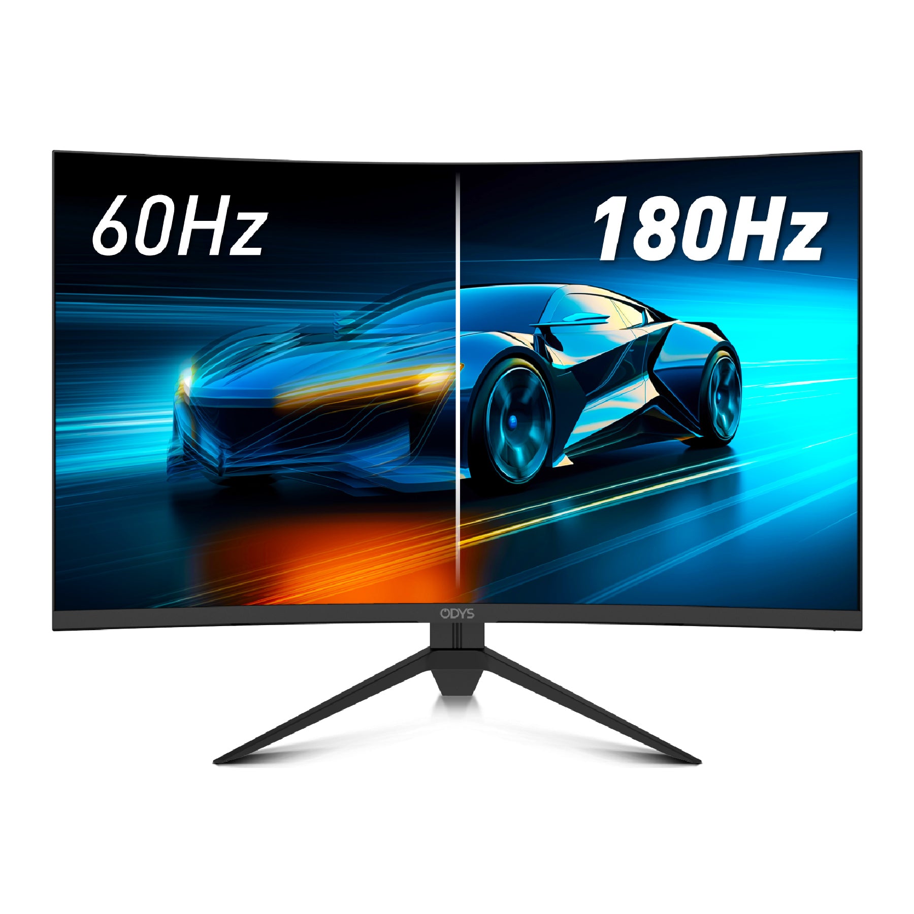 Der Odys XP32-X Curved Gaming Monitor (32 Zoll, 80 cm) zeigt einen Sportwagen, der zwischen 60Hz und 180Hz Bildwiederholfrequenz wechselt und so den visuellen Unterschied auf seinem Display verdeutlicht.
