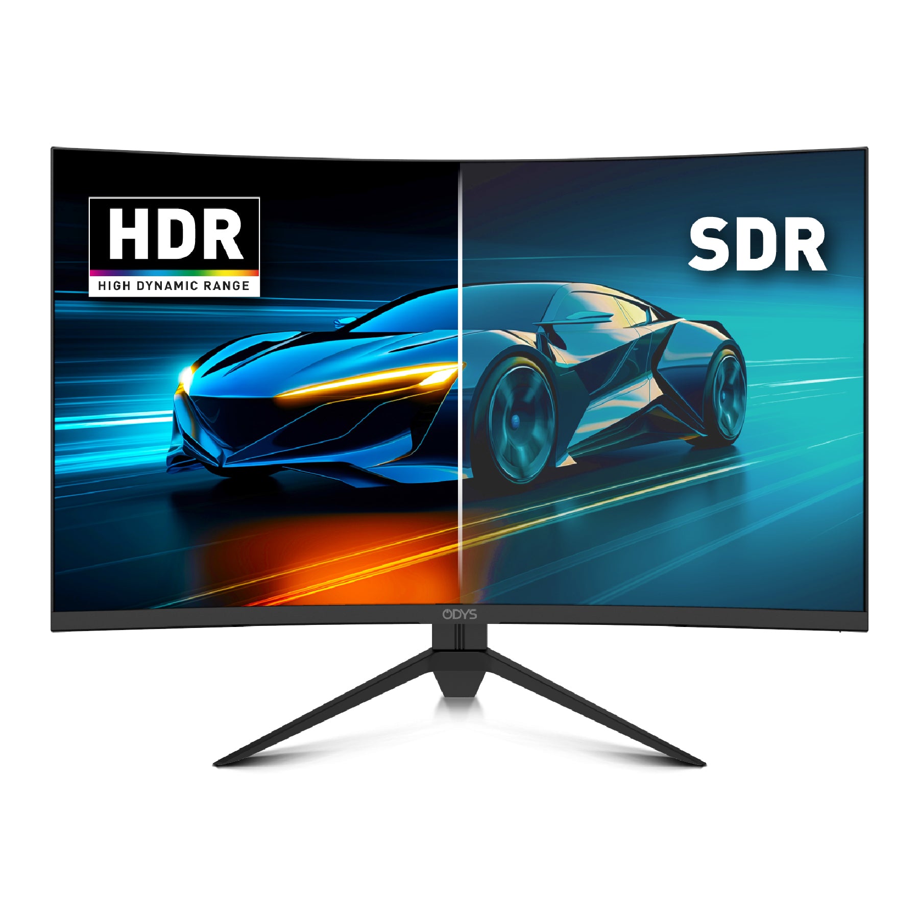 Der Odys XP32-X Curved Gaming Monitor (32 Zoll, 80 cm) zeigt ein Bild eines Rennwagens, das in HDR- und SDR-Abschnitte aufgeteilt ist, und vergleicht visuell die Farb- und Helligkeitsleistung.