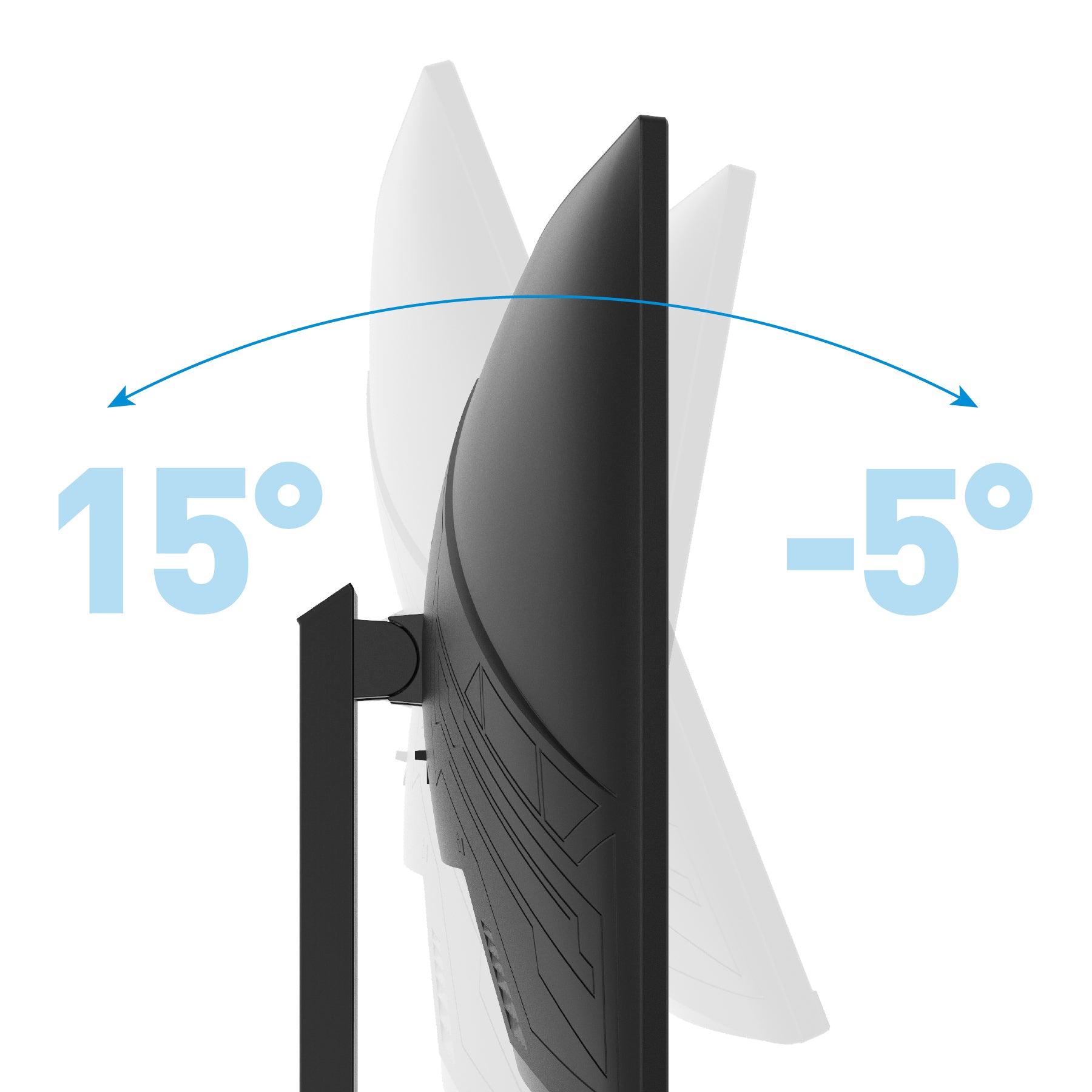 Seitenansicht des Odys XP34 PRO-X Curved Gaming Monitors (34 Zoll, 86 cm) mit der Neigungsverstellung von -5° nach hinten bis 15° nach vorne, hervorgehoben durch blaue Pfeile und Zahlen.