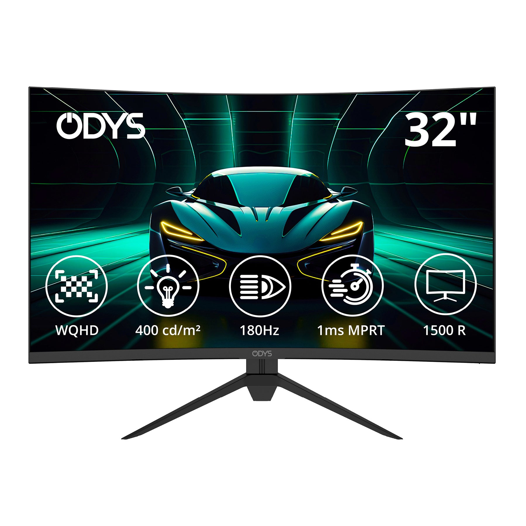 Der Odys XP32 PRO-X Curved Gaming Monitor (32", 80 cm) bietet WQHD-Auflösung, 400 cd/m² Helligkeit, 180Hz Bildwiederholfrequenz, 1ms MPRT und 1500R Krümmung. Auf dem Bildschirm wird eine Autografik angezeigt.