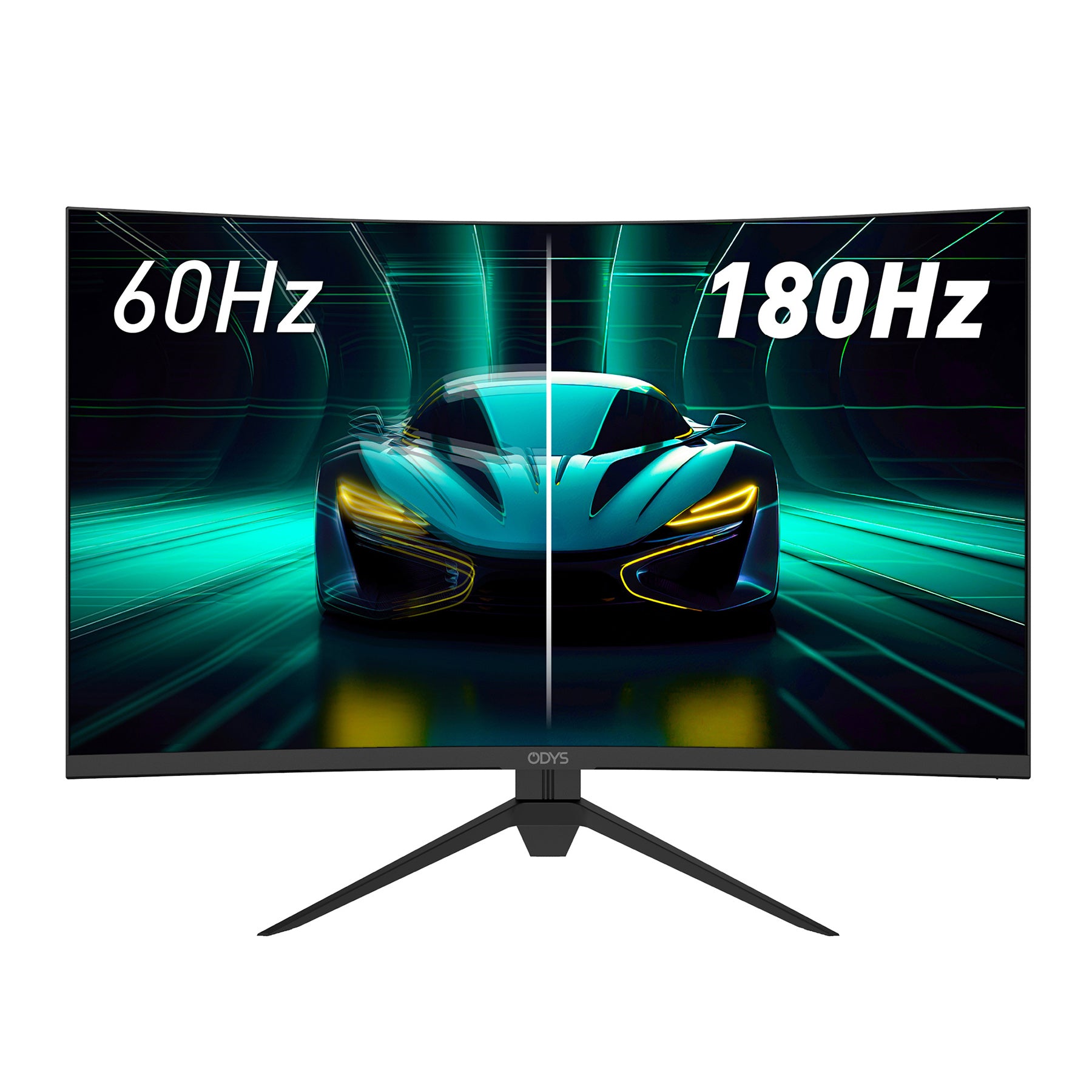 Der Odys XP32 PRO-X Curved Gaming Monitor (32 Zoll, 80 cm) zeigt einen Sportwagen-Split-Screen: 60Hz auf der linken Seite und 180Hz auf der rechten Seite, wobei die flüssigere Darstellung mit 180Hz Bildwiederholrate hervorgehoben wird.