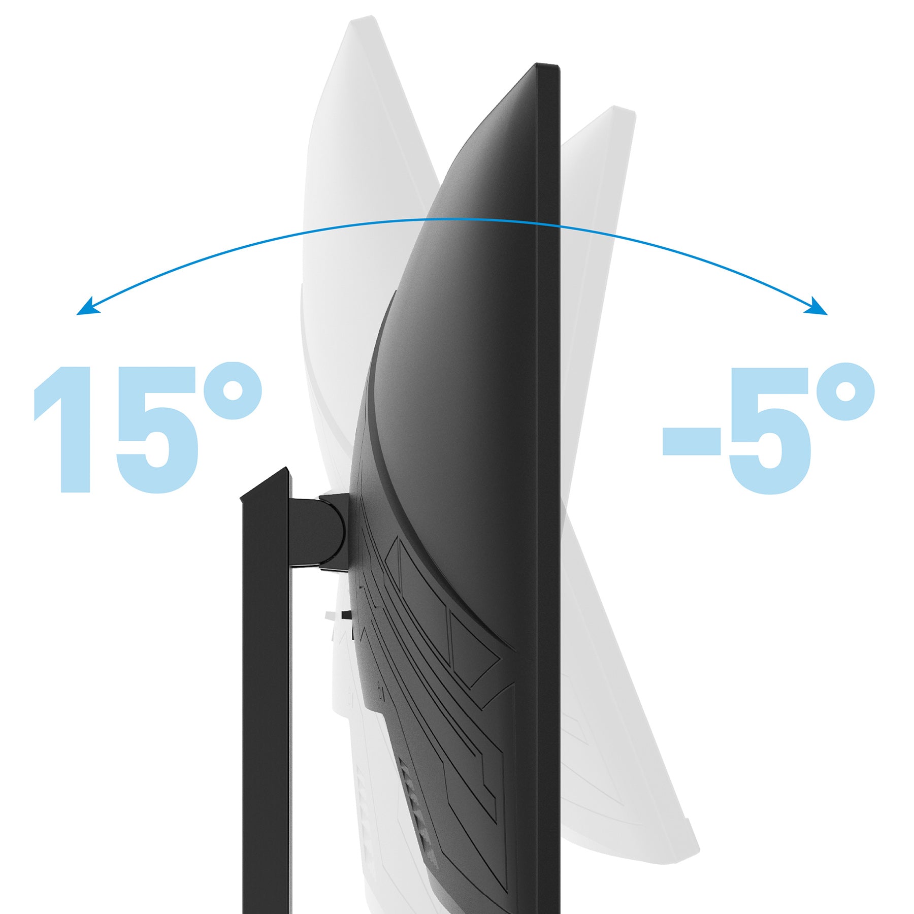 Die Seitenansicht des Odys XP32 PRO-X Curved Gaming Monitors (32 Zoll, 80 cm) hebt den Neigungsverstellbereich von -5° bis 15° hervor, der mit einem blauen Bogen und numerischen Anzeigen dargestellt wird.