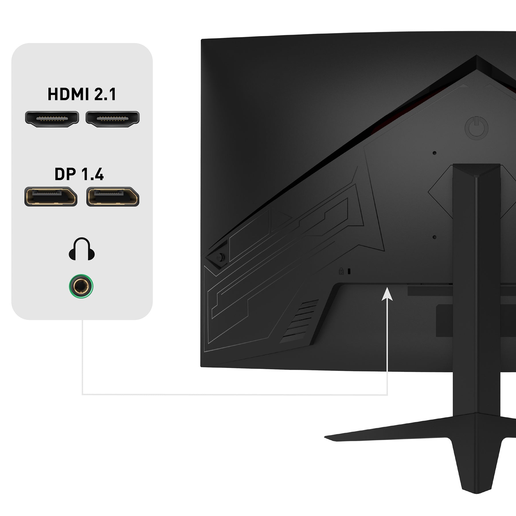 Das Bild zeigt die Rückseite des Odys XP32 PRO-X Curved Gaming Monitors (32 Zoll, 80 cm) mit HDMI 2.1, DP 1.4 und einem Kopfhöreranschluss, der in einer Nahaufnahme hervorgehoben ist.