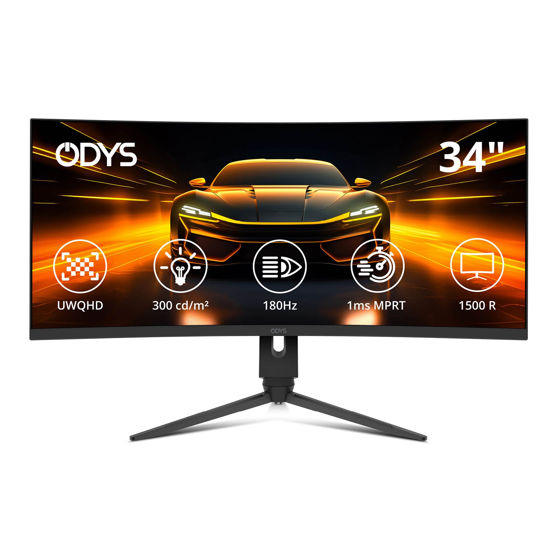 Der Odys XP34 PRO-X Curved Gaming Monitor (34", 86 cm) bietet eine UWQHD-Auflösung, eine Helligkeit von 300 cd/m², eine Bildwiederholfrequenz von 180 Hz, eine Reaktionszeit von 1 ms und ein gebogenes 1500R-Display.