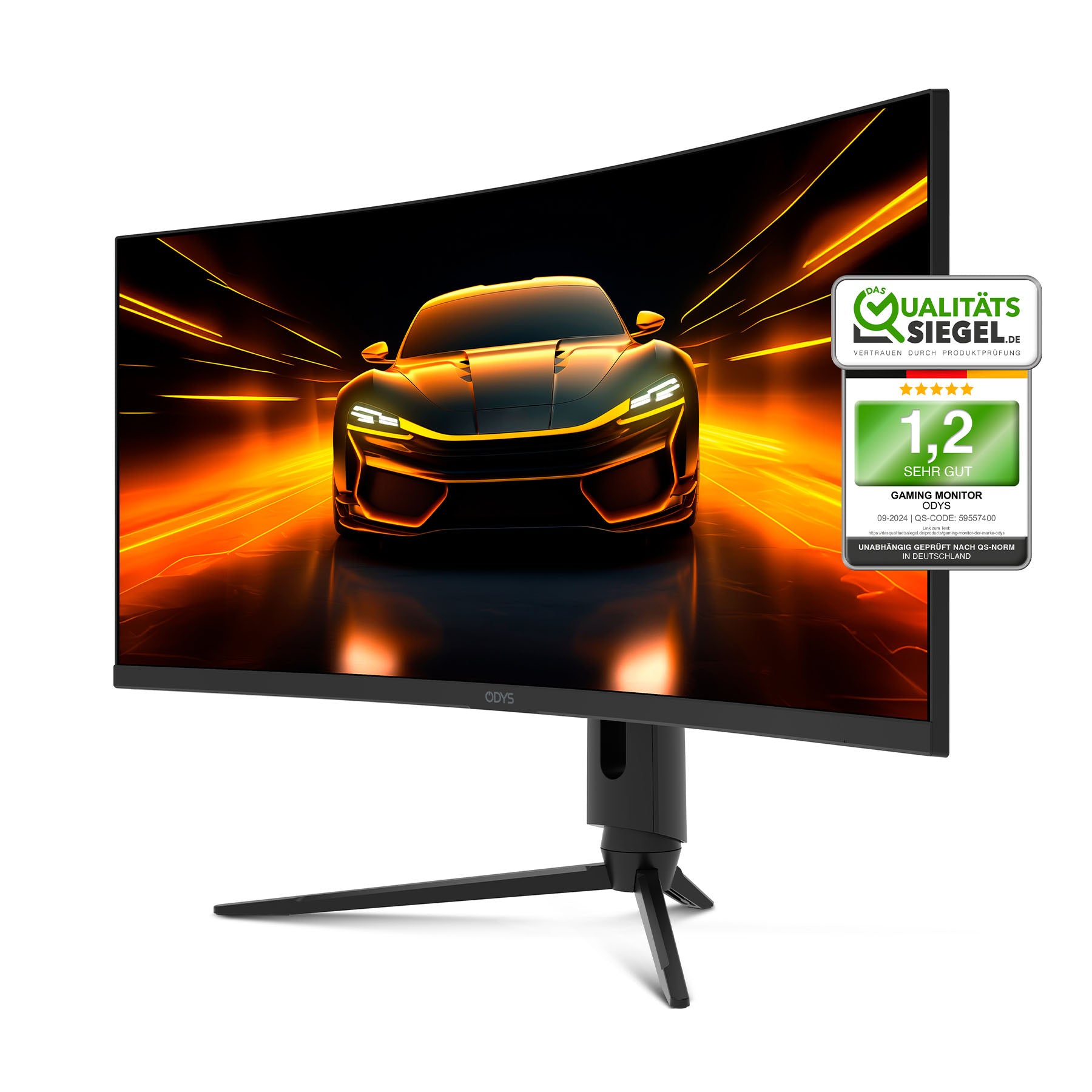 Der Odys XP34 PRO-X Curved Gaming Monitor (34 Zoll, 86 cm) zeigt ein dynamisches Bild eines orangefarbenen Sportwagens in Bewegung, wobei auf der rechten Seite des Bildschirms ein Qualitätssiegel sichtbar ist.