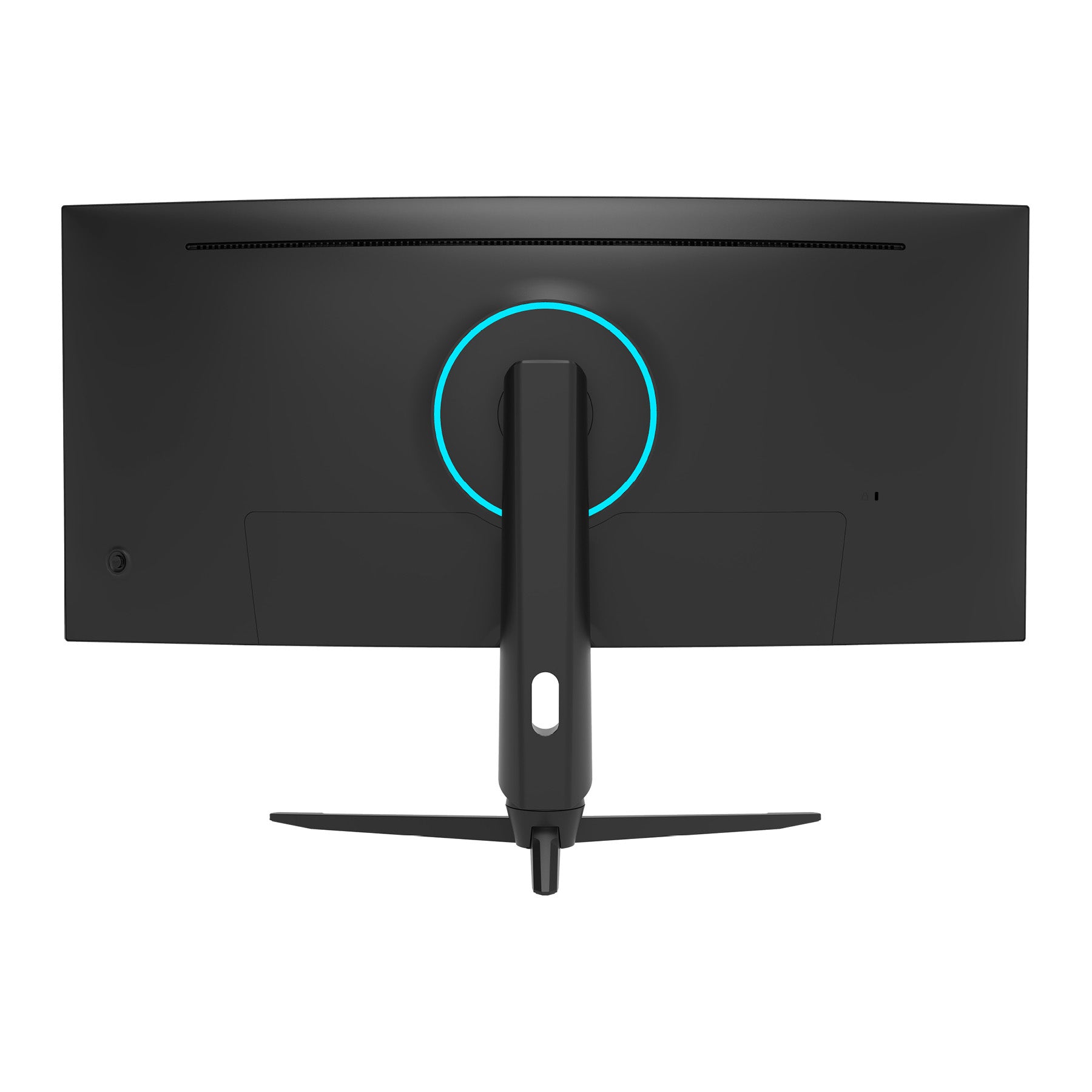 Rückansicht des Odys XP34 PRO-X Curved Gaming Monitors (34 Zoll, 86 cm) mit kreisförmiger LED-Beleuchtung um die Standfußhalterung und einem V-förmigen Fuß.
